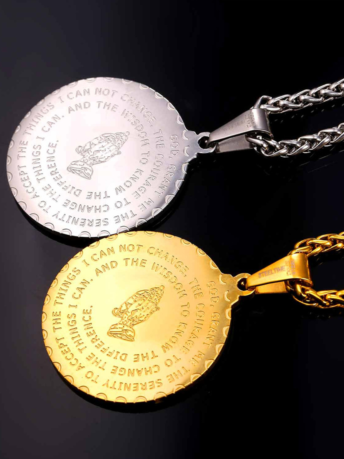 Bible Verse Prayer Pendant Round Coin Medal Necklace in 18K Gold