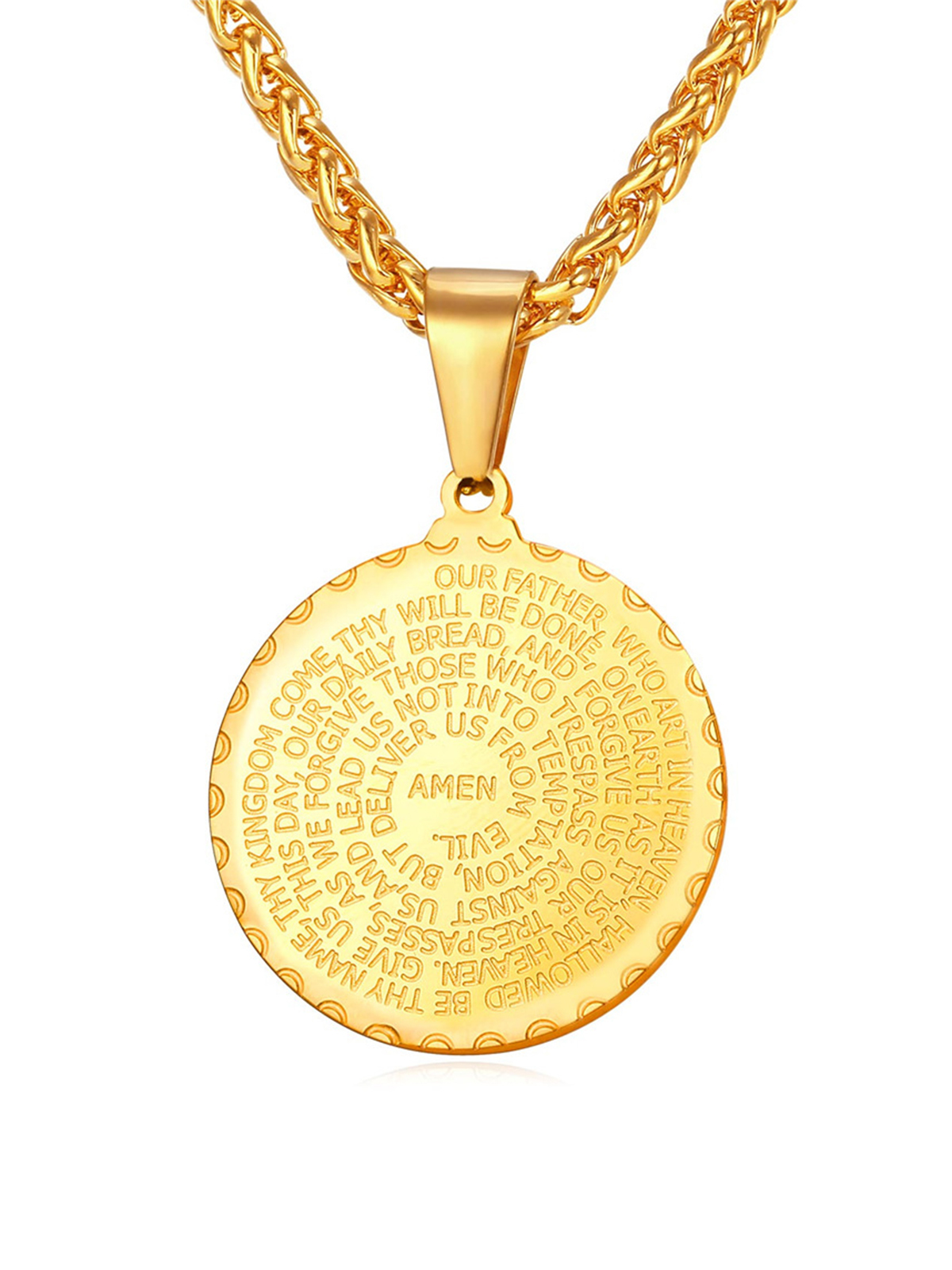 Bible Verse Prayer Pendant Round Coin Medal Necklace in 18K Gold