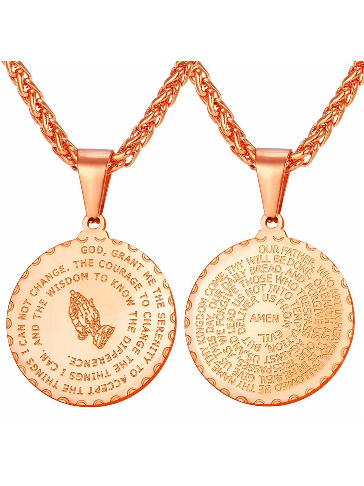 Bible Verse Prayer Pendant Round Coin Medal Necklace in Rose Gold