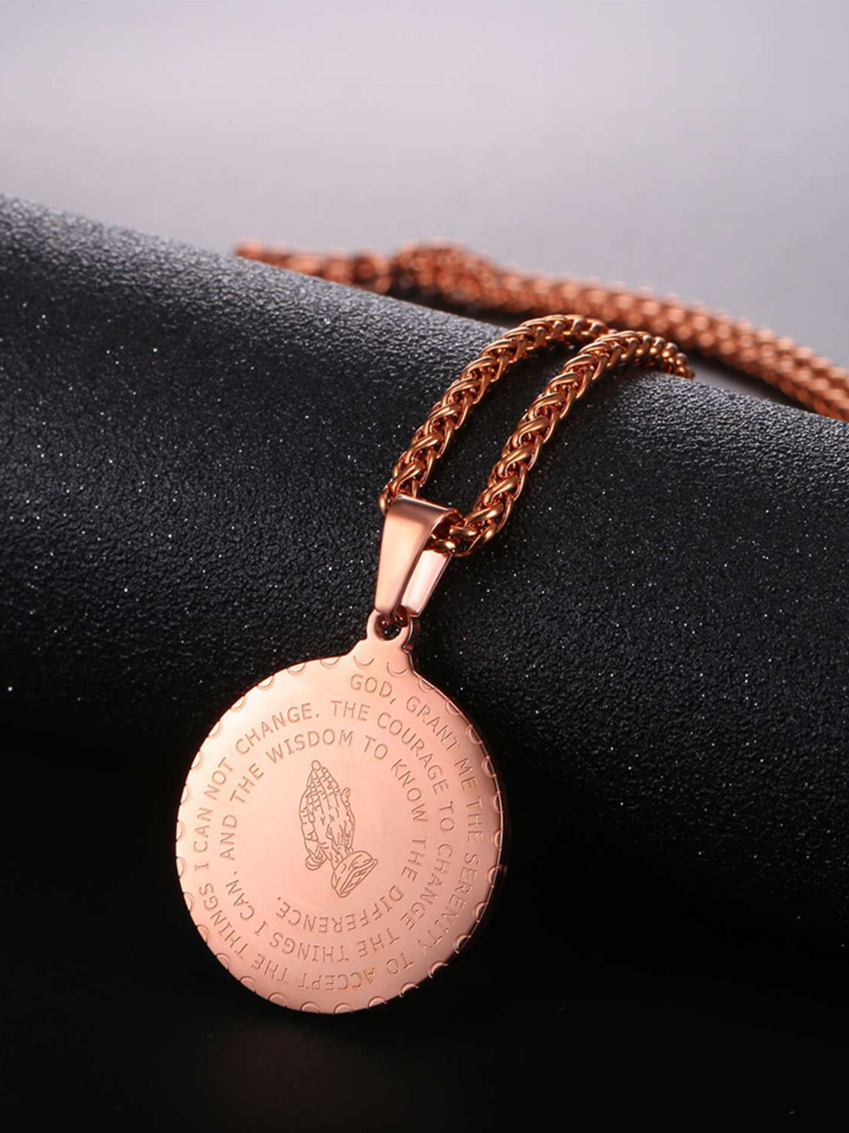 Bible Verse Prayer Pendant Round Coin Medal Necklace in Rose Gold