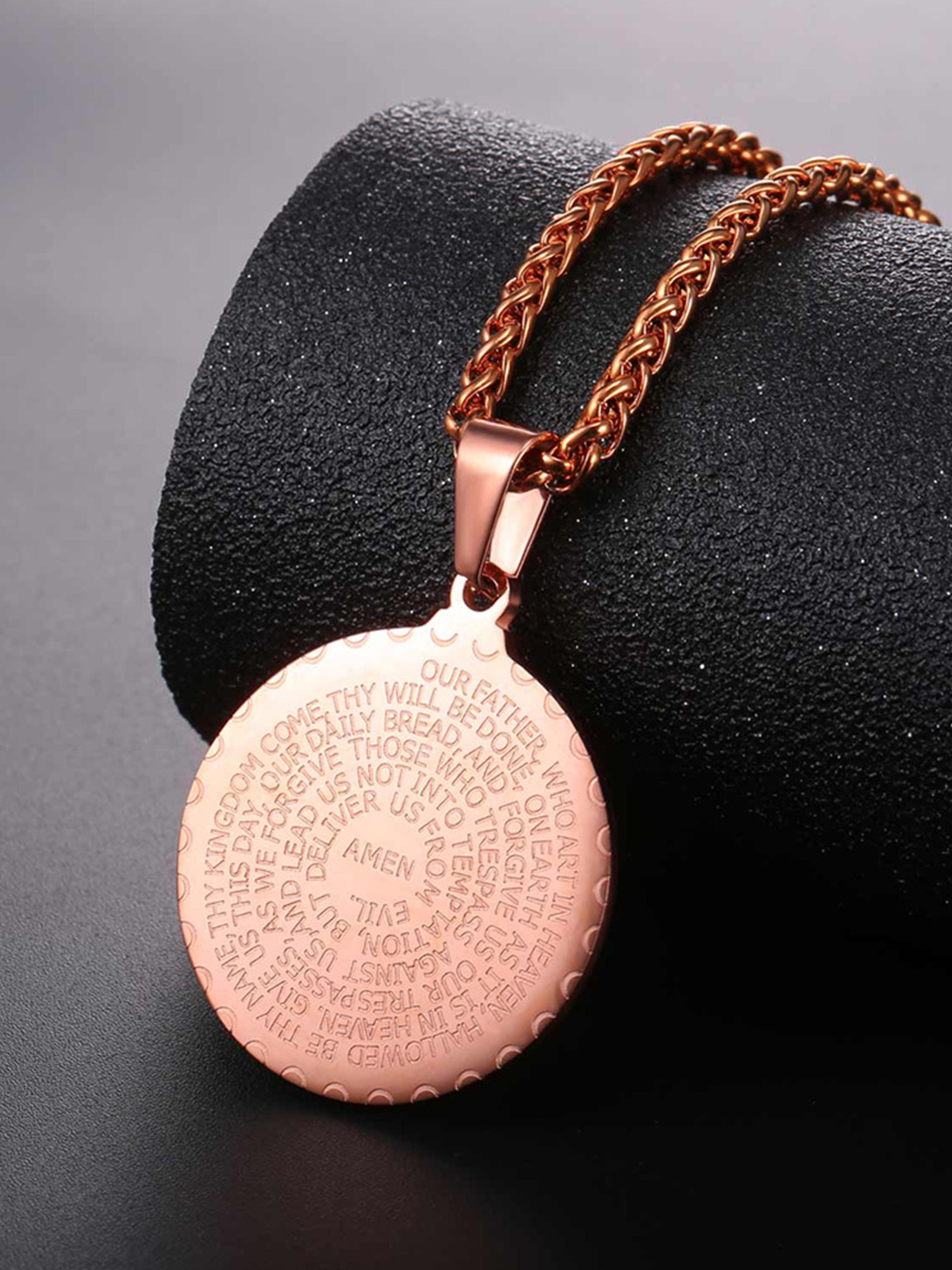 Bible Verse Prayer Pendant Round Coin Medal Necklace in Rose Gold