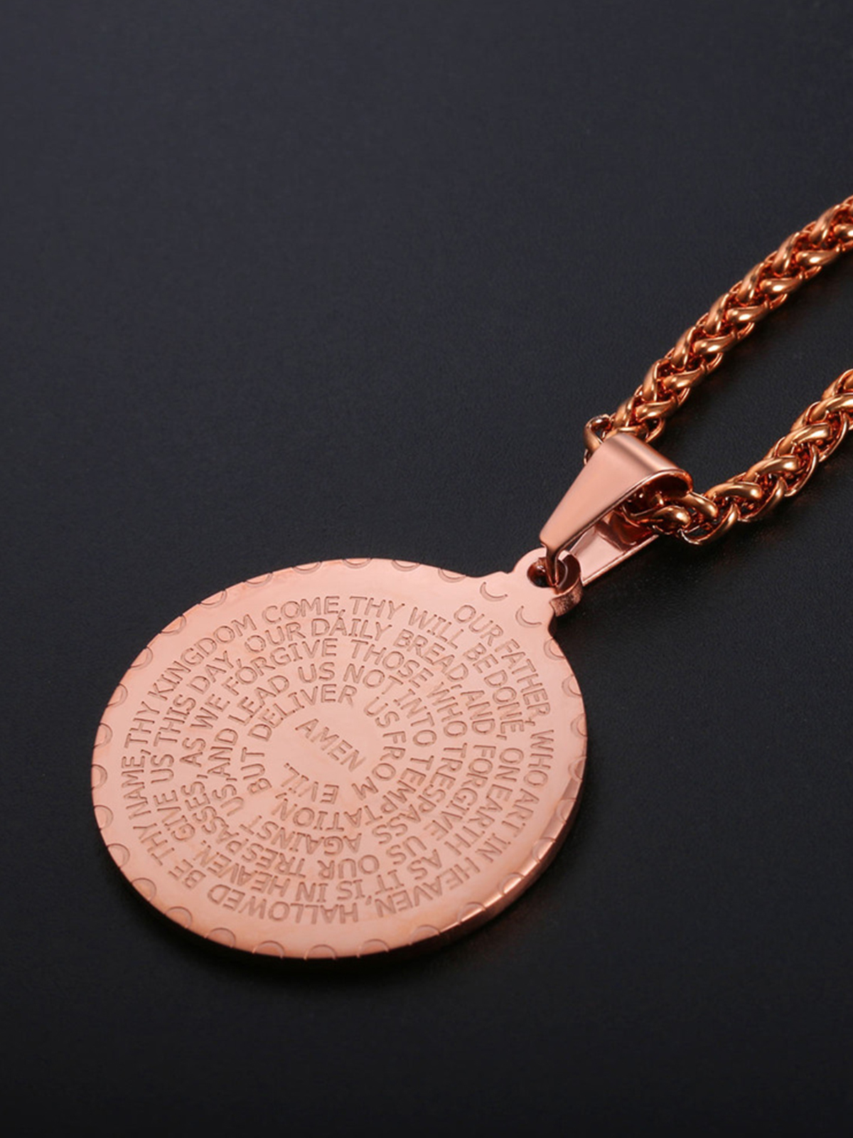 Bible Verse Prayer Pendant Round Coin Medal Necklace in Rose Gold