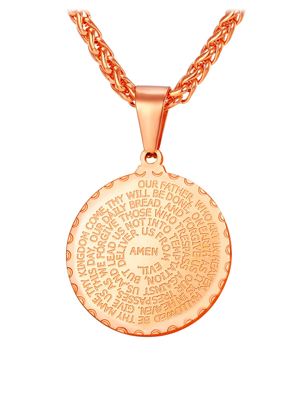 Bible Verse Prayer Pendant Round Coin Medal Necklace in Rose Gold