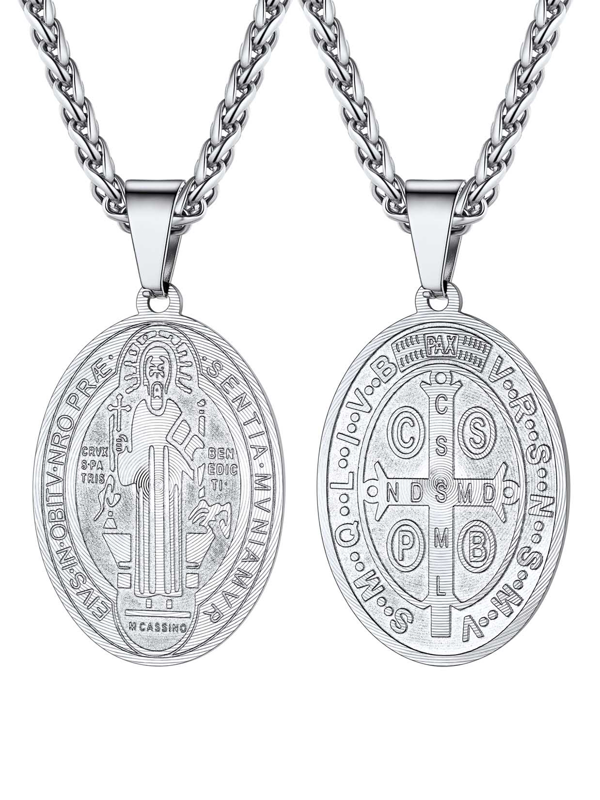 Saint Benedict Pendant Oval Coin Medal Necklace in Stainless