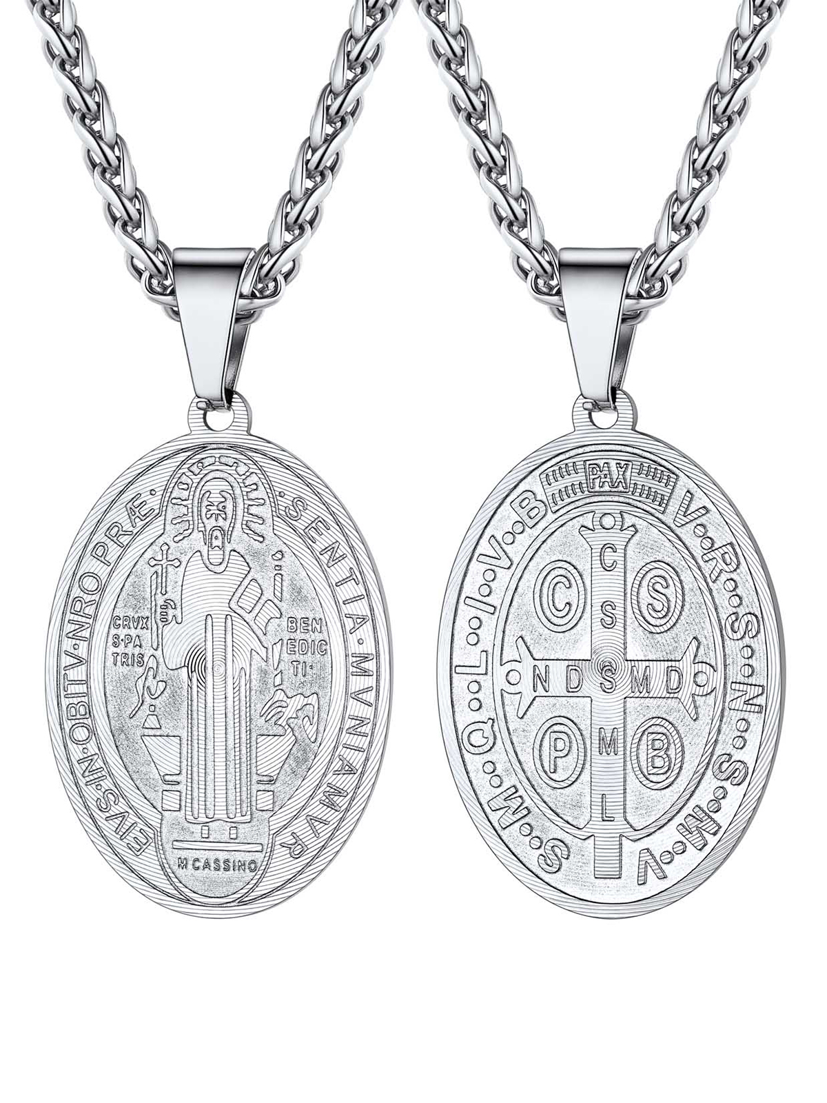 Saint Benedict Pendant Oval Coin Medal Necklace in Stainless