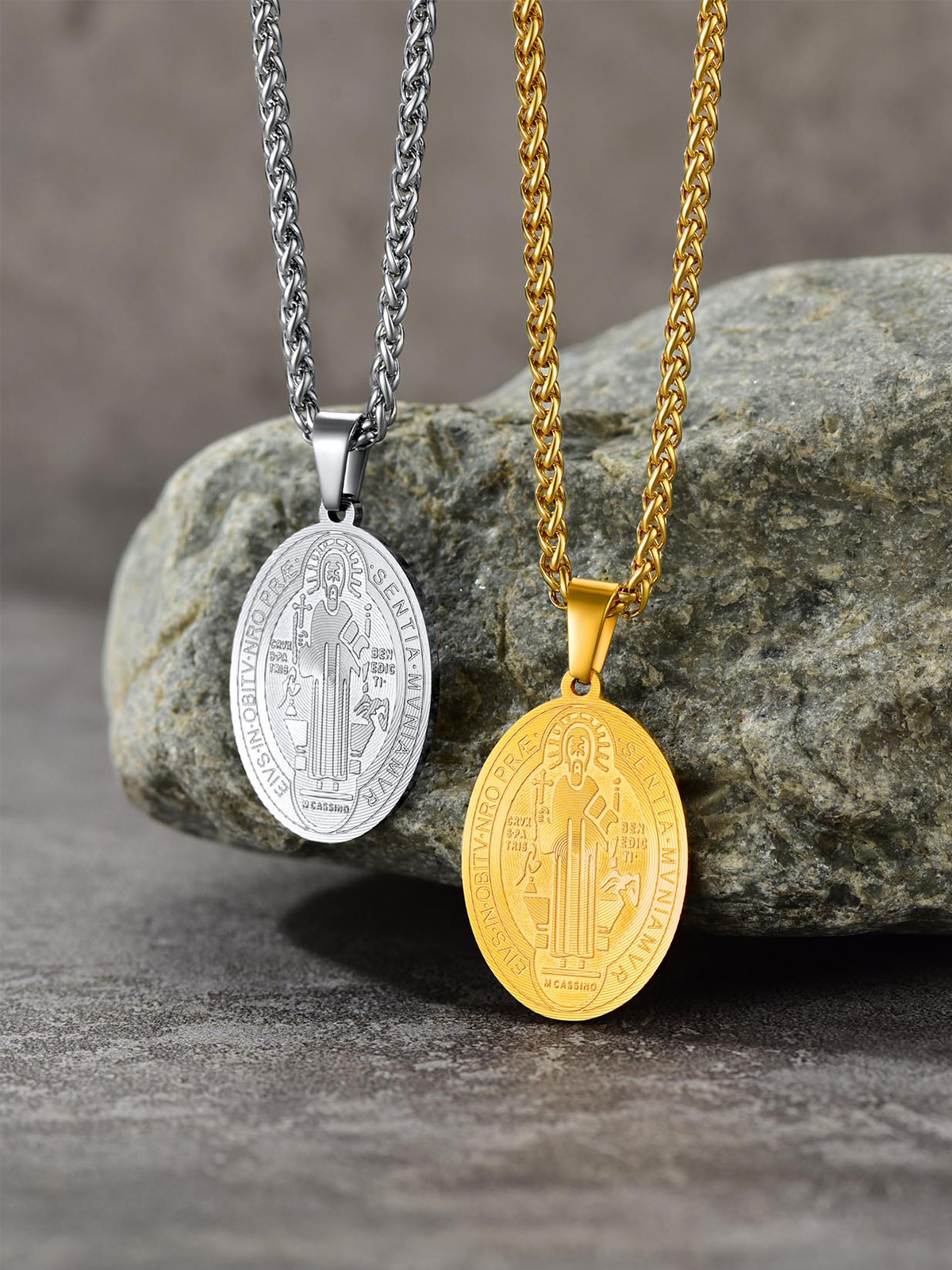 Saint Benedict Pendant Oval Coin Medal Necklace in Stainless