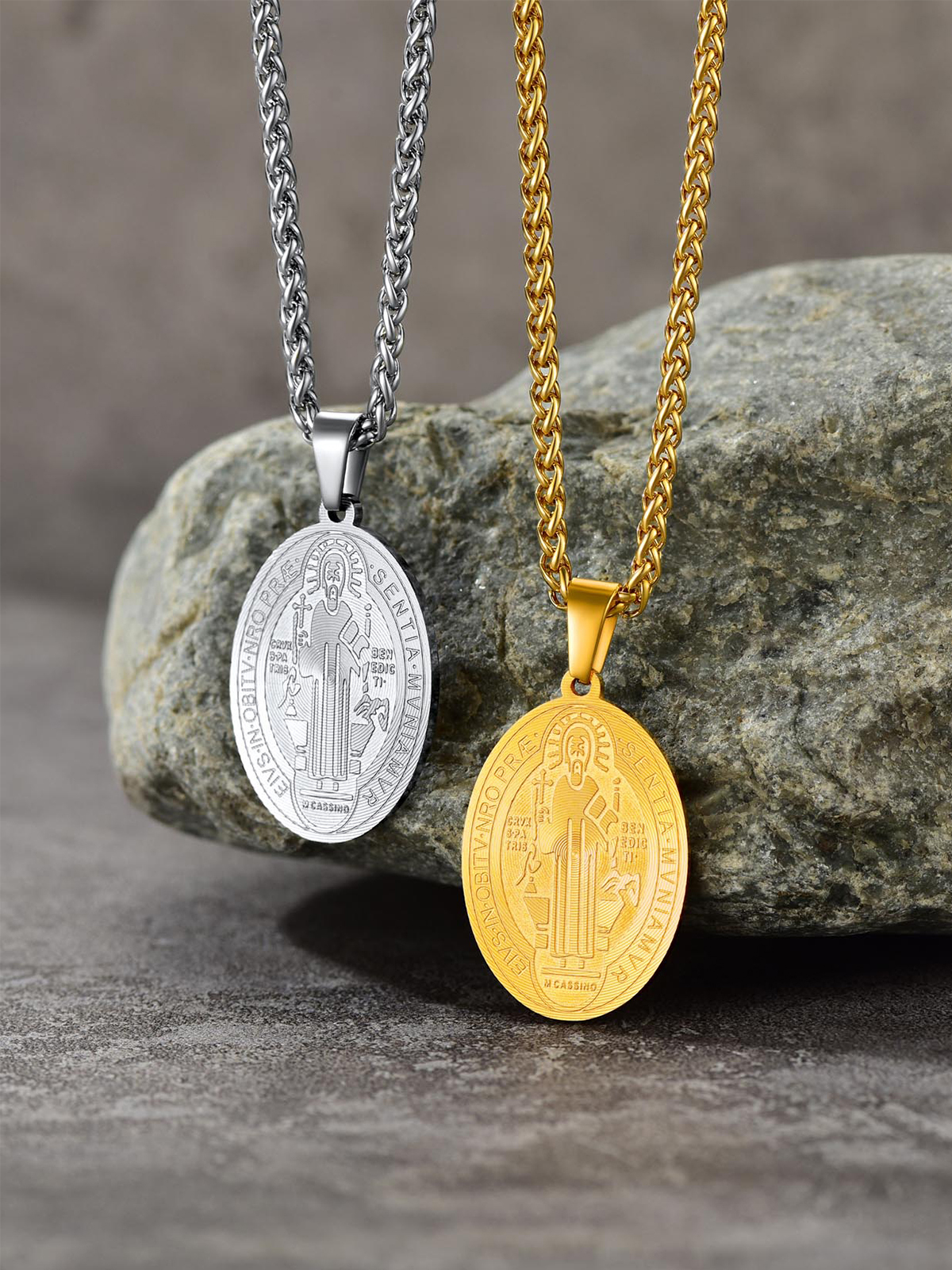 Saint Benedict Pendant Oval Coin Medal Necklace in Stainless