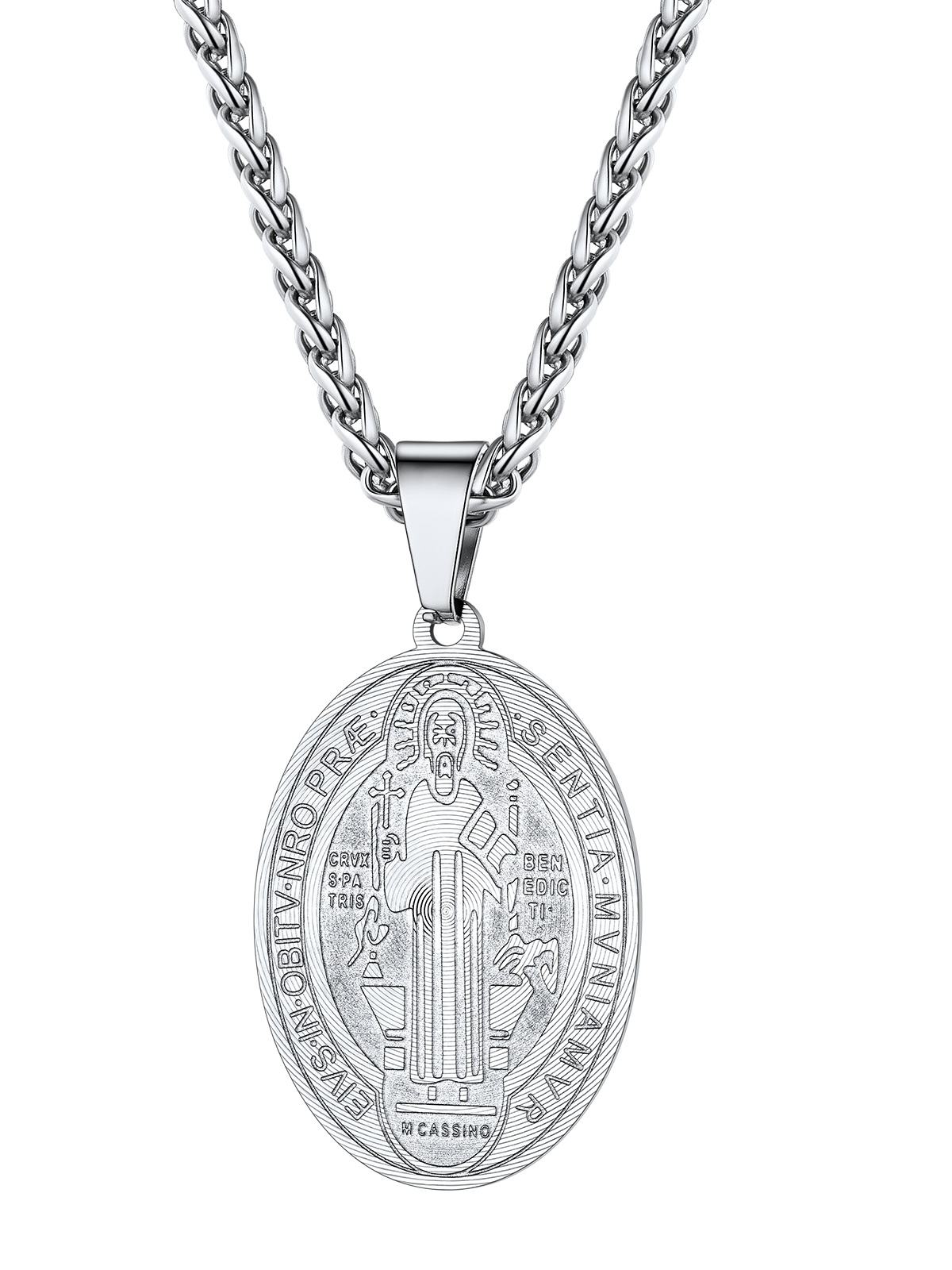 Saint Benedict Pendant Oval Coin Medal Necklace in Stainless