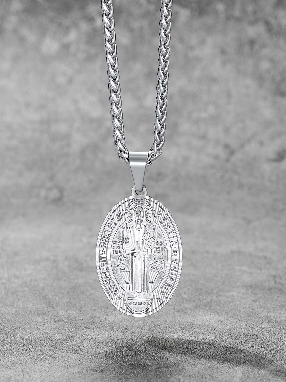 Saint Benedict Pendant Oval Coin Medal Necklace in Stainless