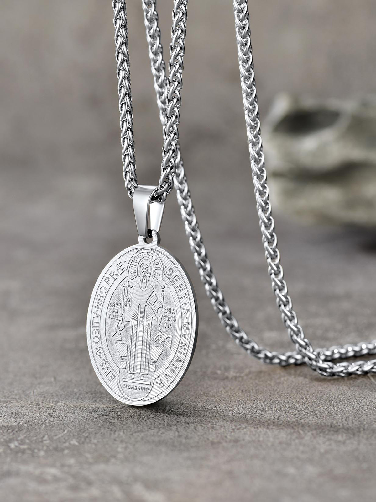 Saint Benedict Pendant Oval Coin Medal Necklace in Stainless