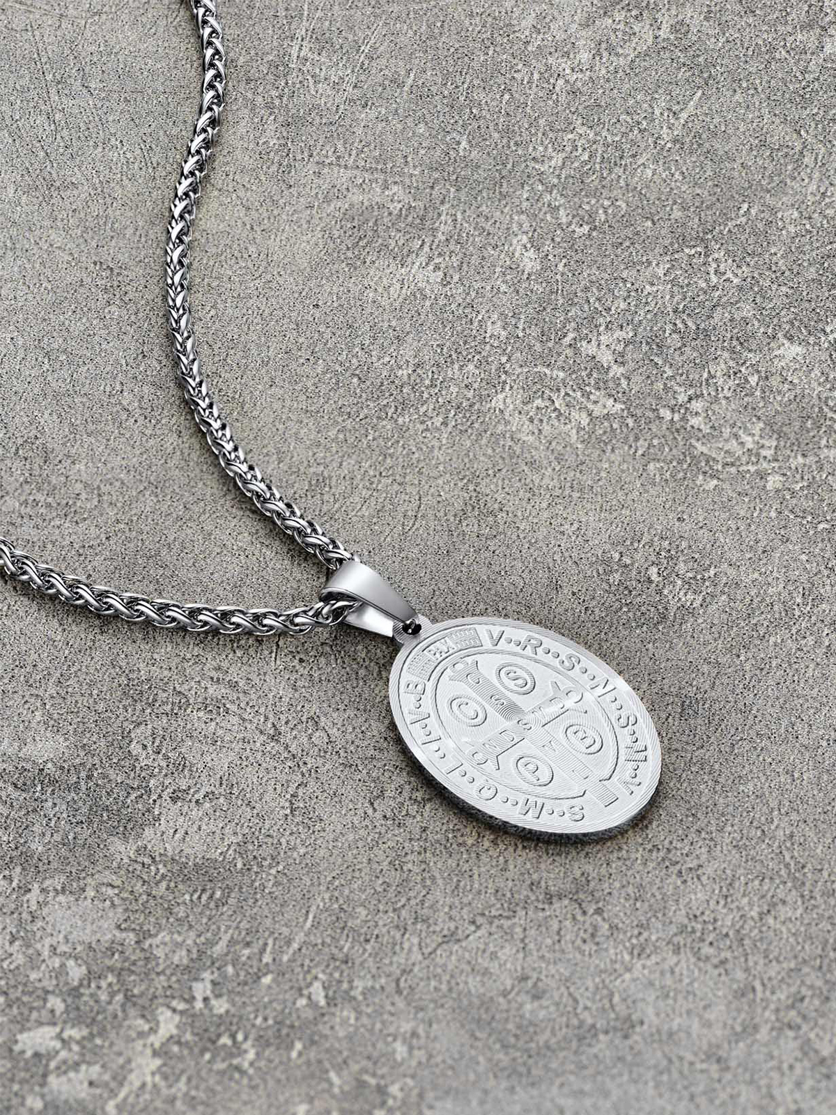 Saint Benedict Pendant Oval Coin Medal Necklace in Stainless