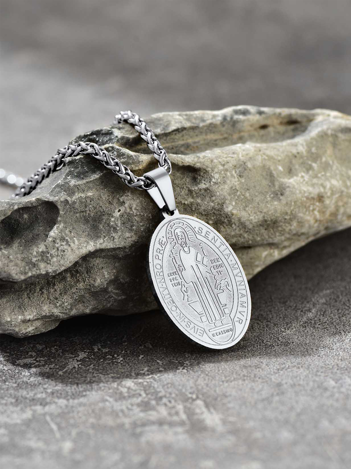 Saint Benedict Pendant Oval Coin Medal Necklace in Stainless
