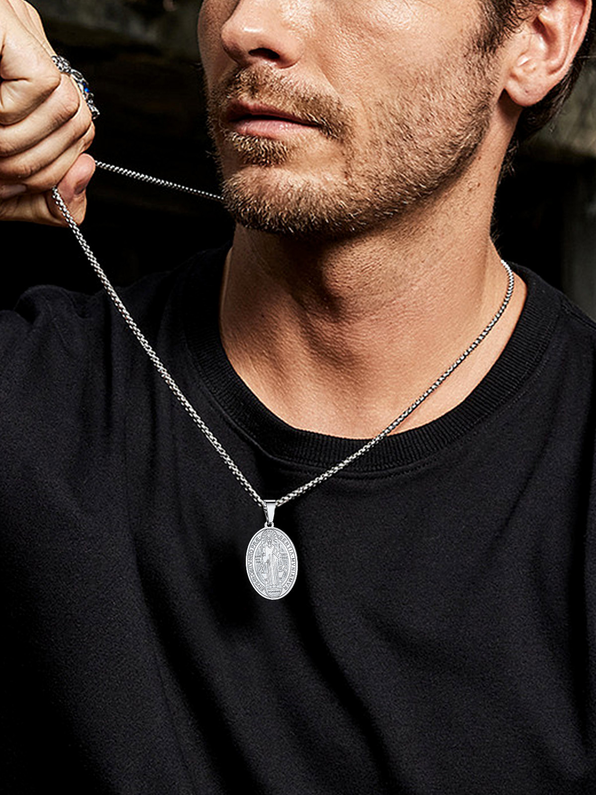 Saint Benedict Pendant Oval Coin Medal Necklace in Stainless