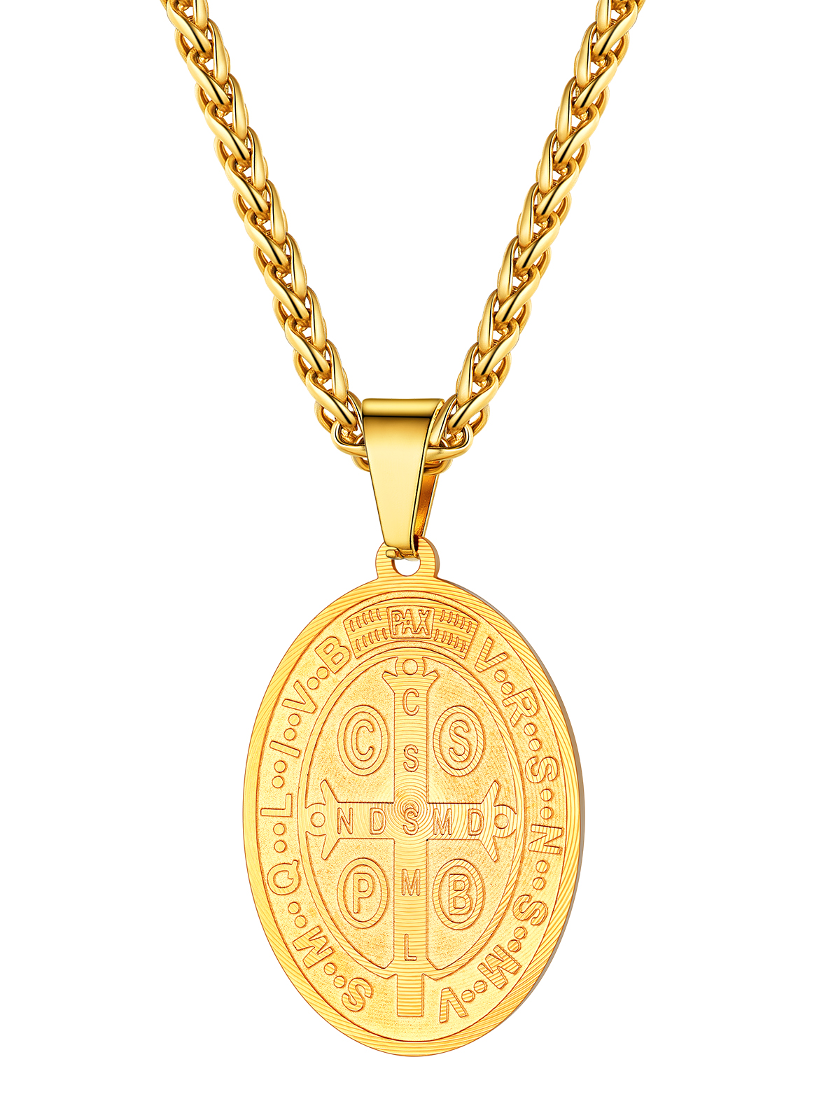 Saint Benedict Pendant Oval Coin Medal Necklace in 18K Gold Plated