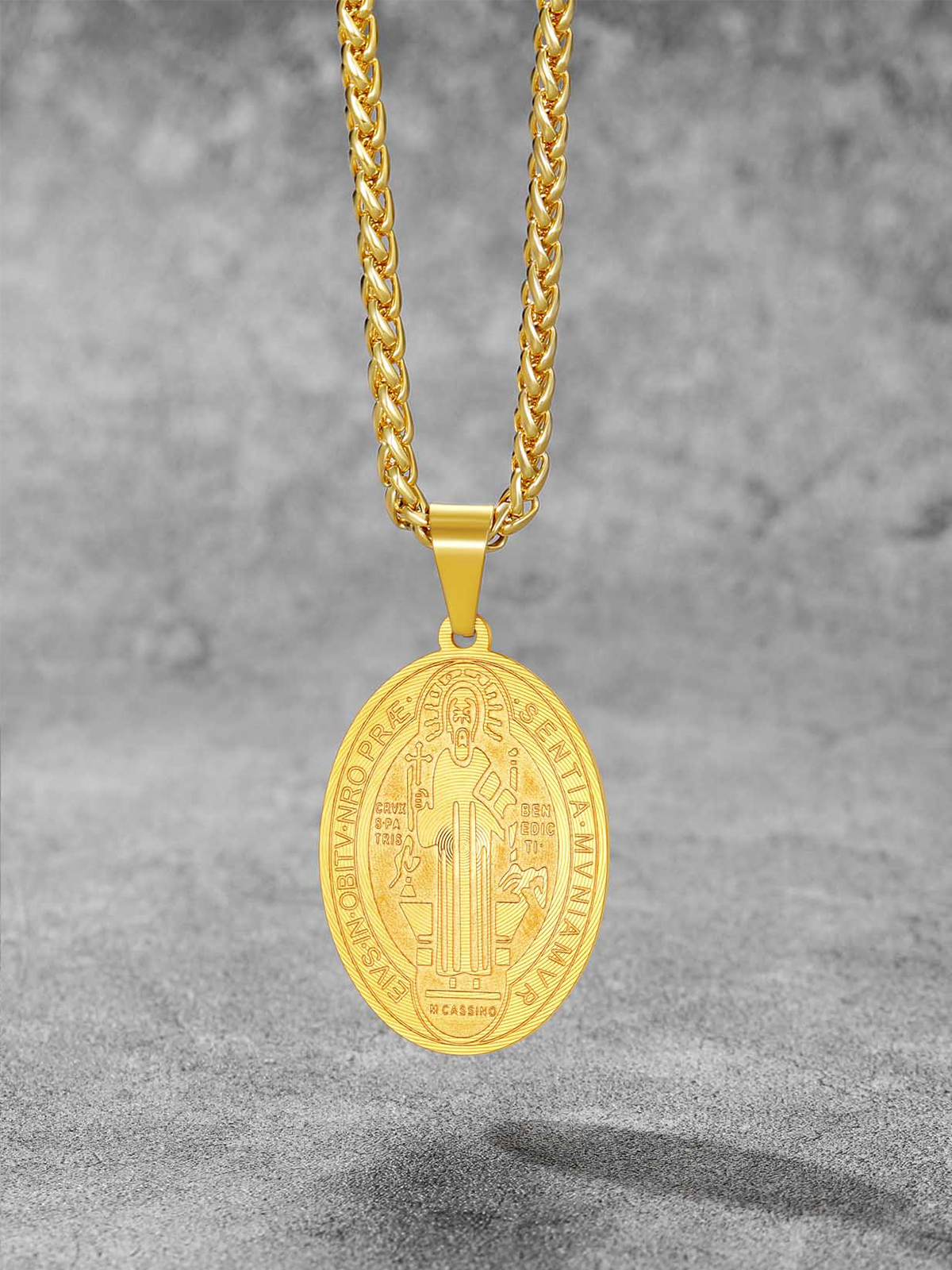 Saint Benedict Pendant Oval Coin Medal Necklace in 18K Gold Plated