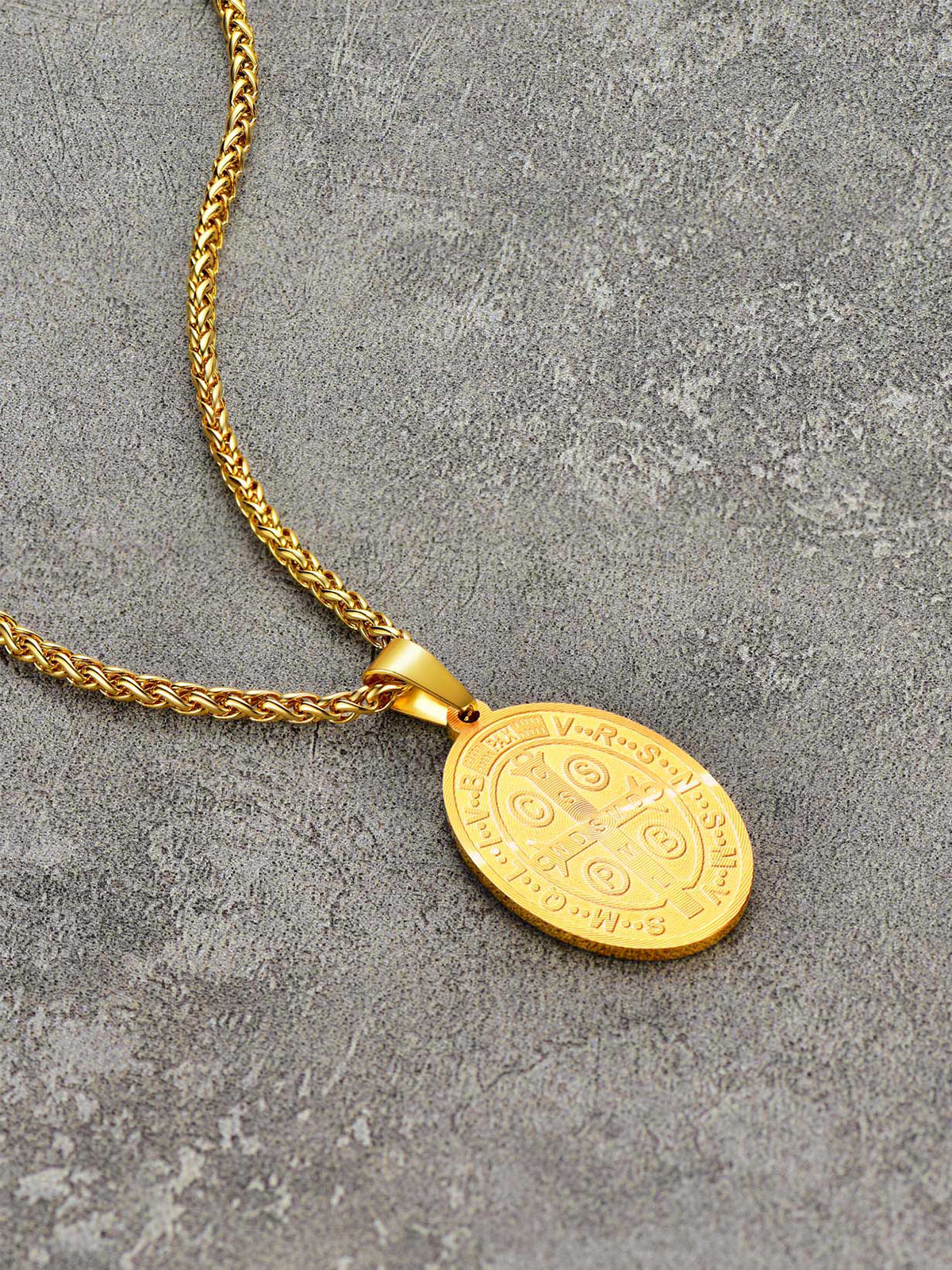 Saint Benedict Pendant Oval Coin Medal Necklace in 18K Gold Plated
