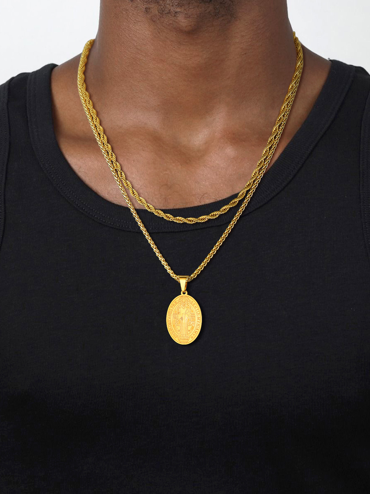 Saint Benedict Pendant Oval Coin Medal Necklace in 18K Gold Plated