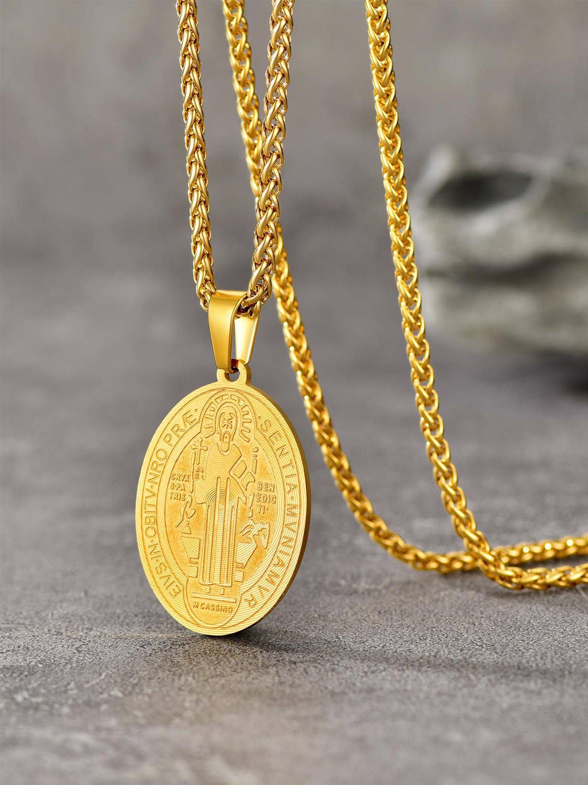 Saint Benedict Pendant Oval Coin Medal Necklace in 18K Gold Plated