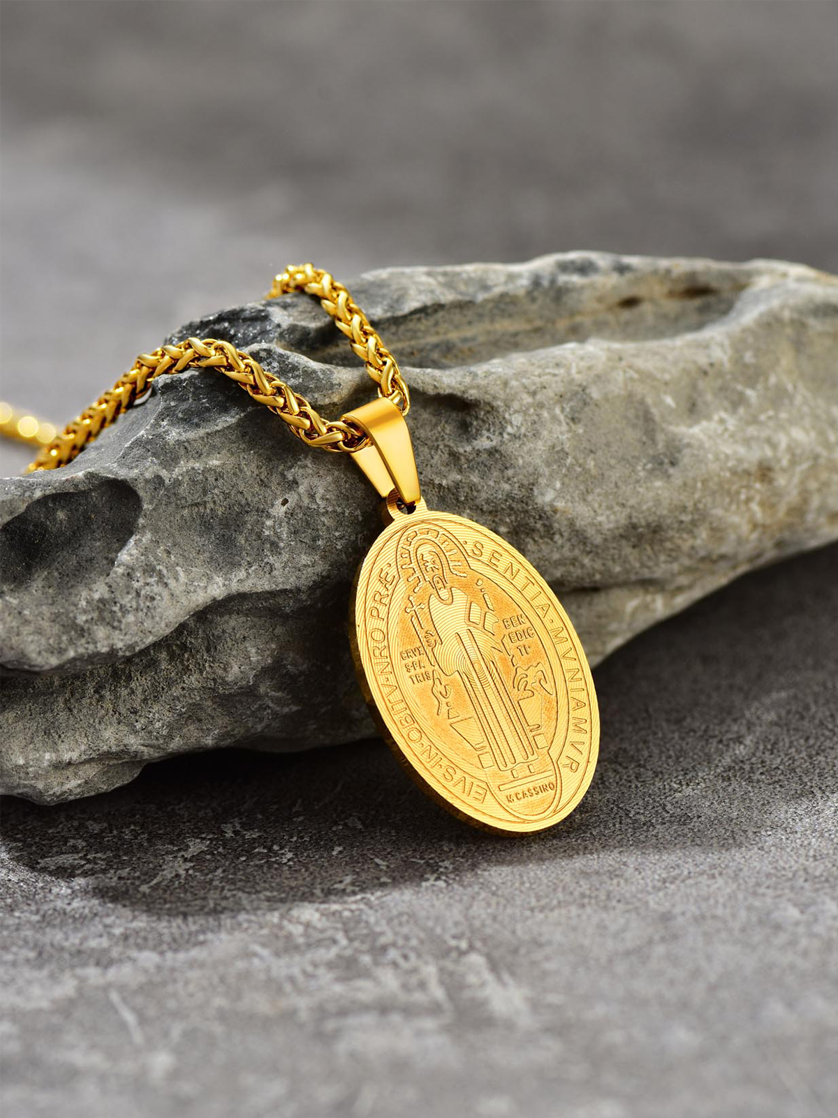 Saint Benedict Pendant Oval Coin Medal Necklace in 18K Gold Plated