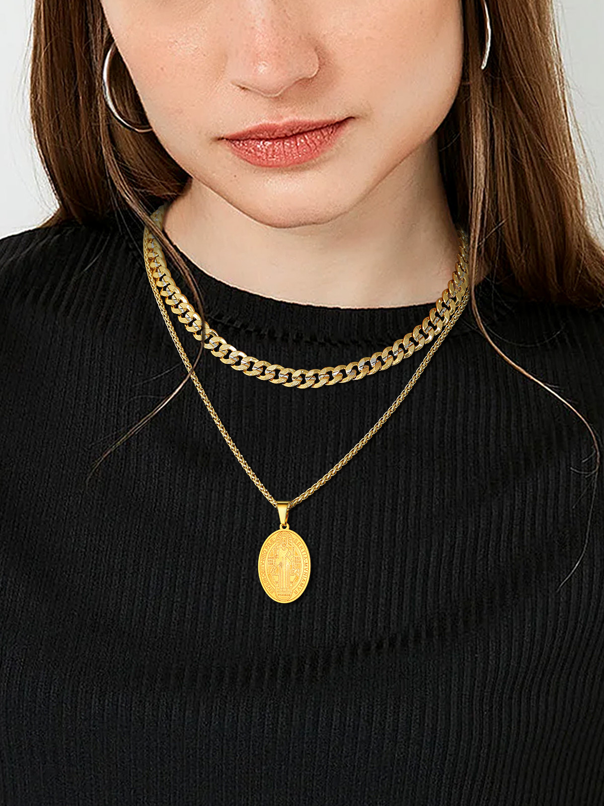 Saint Benedict Pendant Oval Coin Medal Necklace in 18K Gold Plated