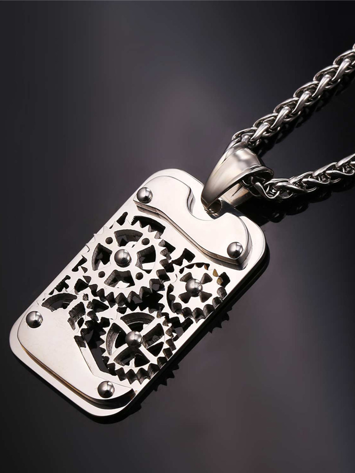 Rotatable Gear Pendant Steampunk Necklace in Stainless Plated