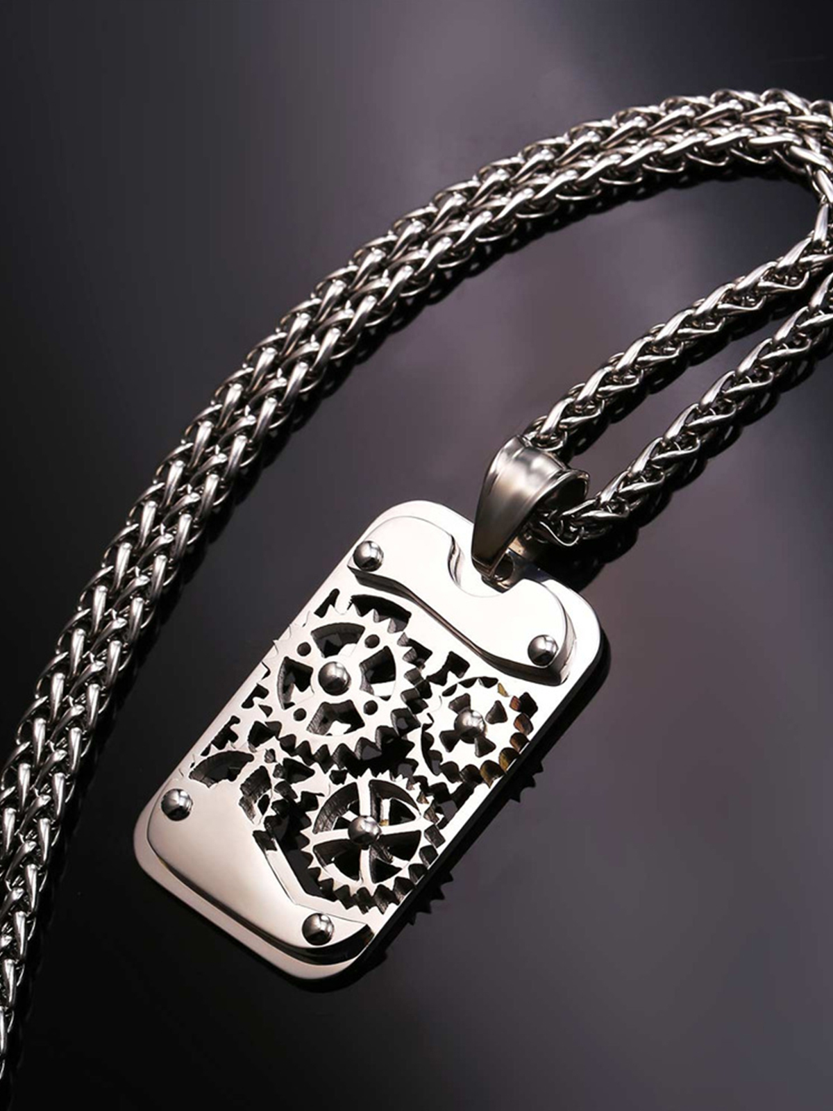 Rotatable Gear Pendant Steampunk Necklace in Stainless Plated