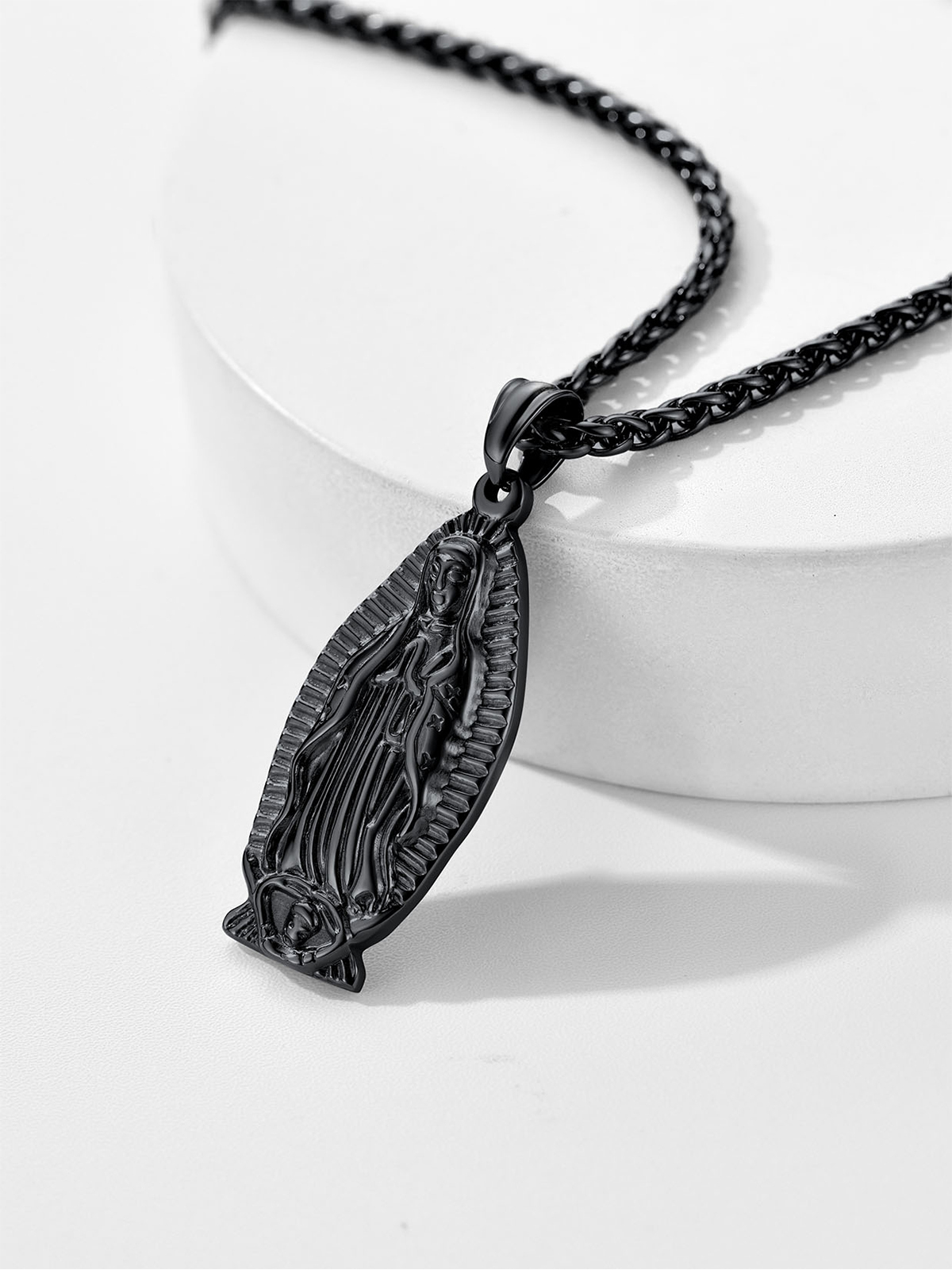 Virgin Mary Pendant Lady of Guadalupe Necklace in Black Plated