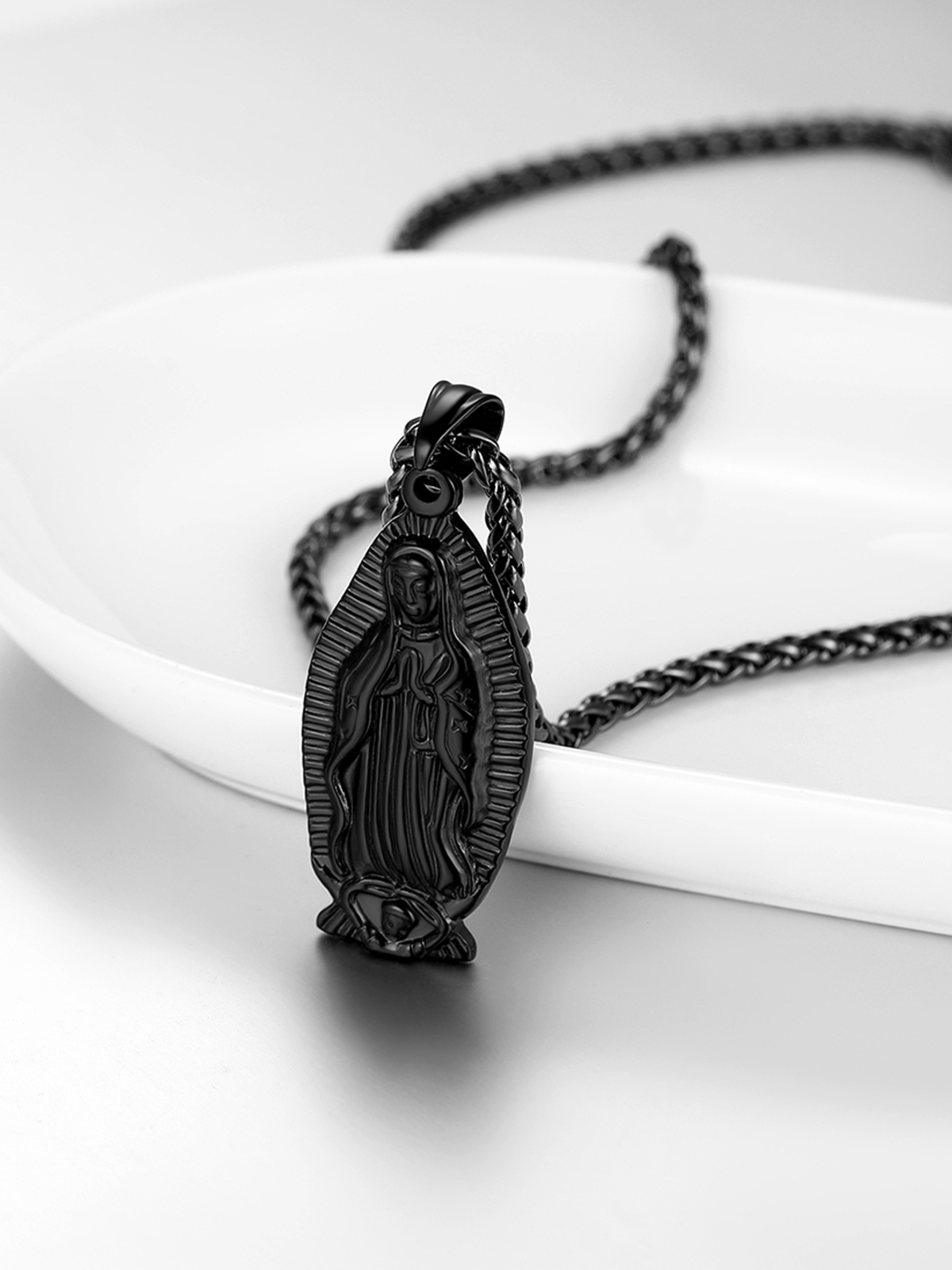 Virgin Mary Pendant Lady of Guadalupe Necklace in Black Plated