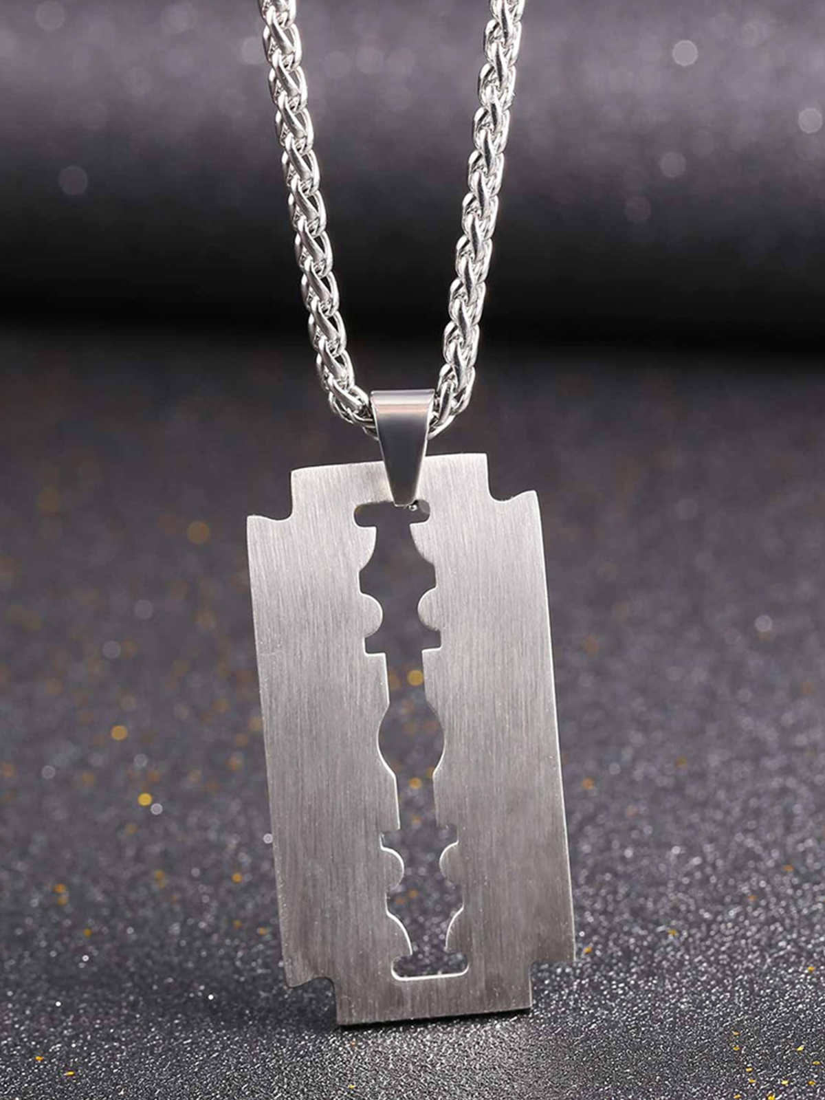 Razor Blade Pendant Punk Necklace in Stainless