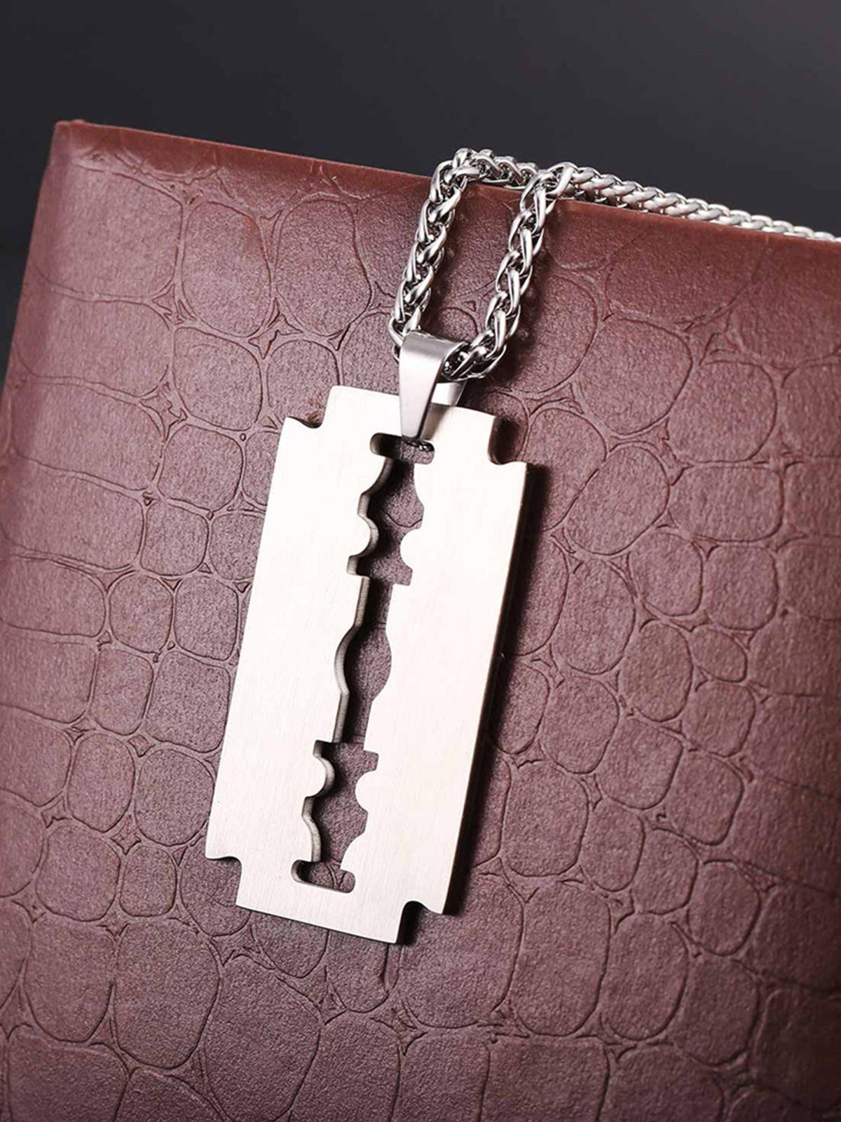 Razor Blade Pendant Punk Necklace in Stainless