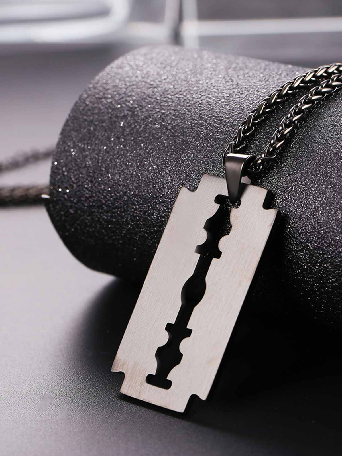 Razor Blade Pendant Punk Necklace in Black
