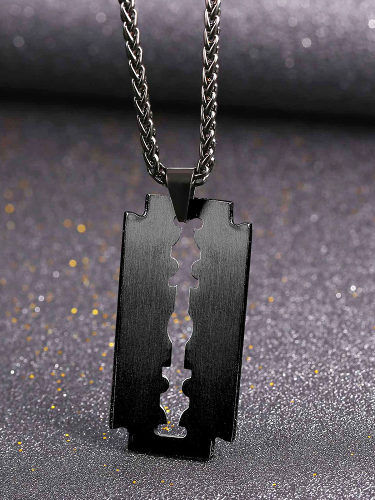 Razor Blade Pendant Punk Necklace in Black