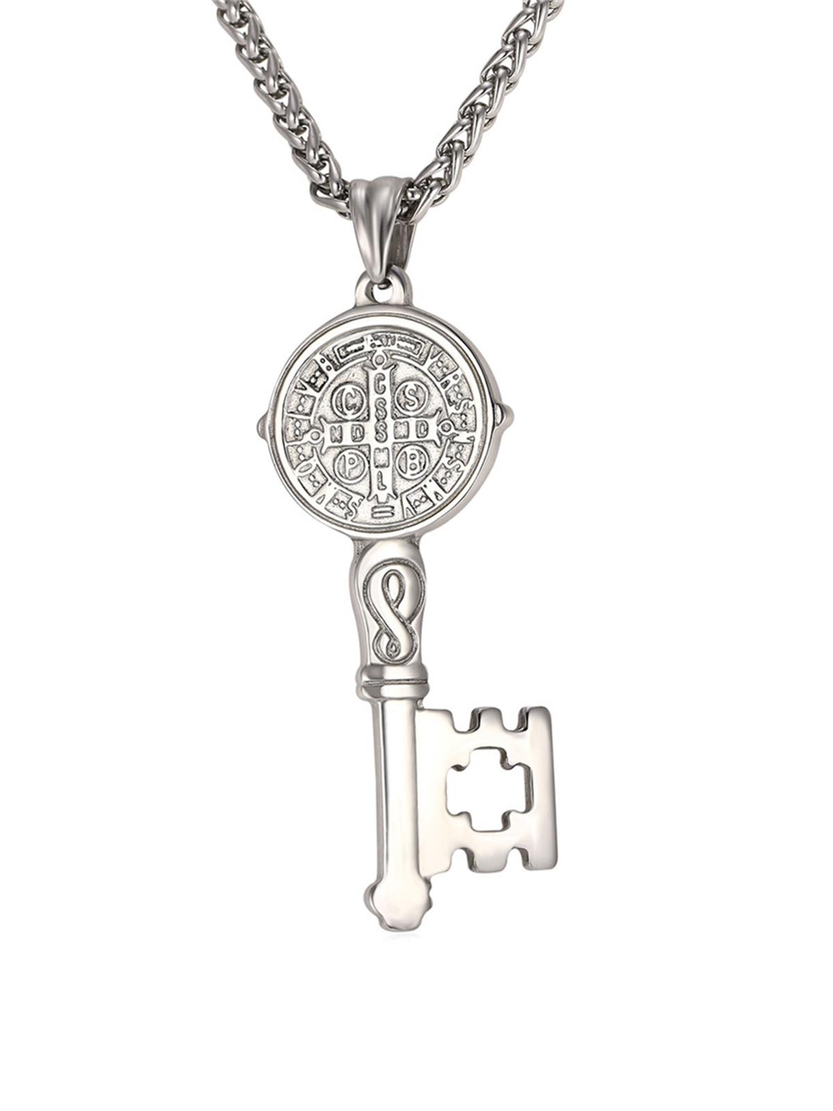 Saint Benedict Pendant Medal Key Necklace in Stainless