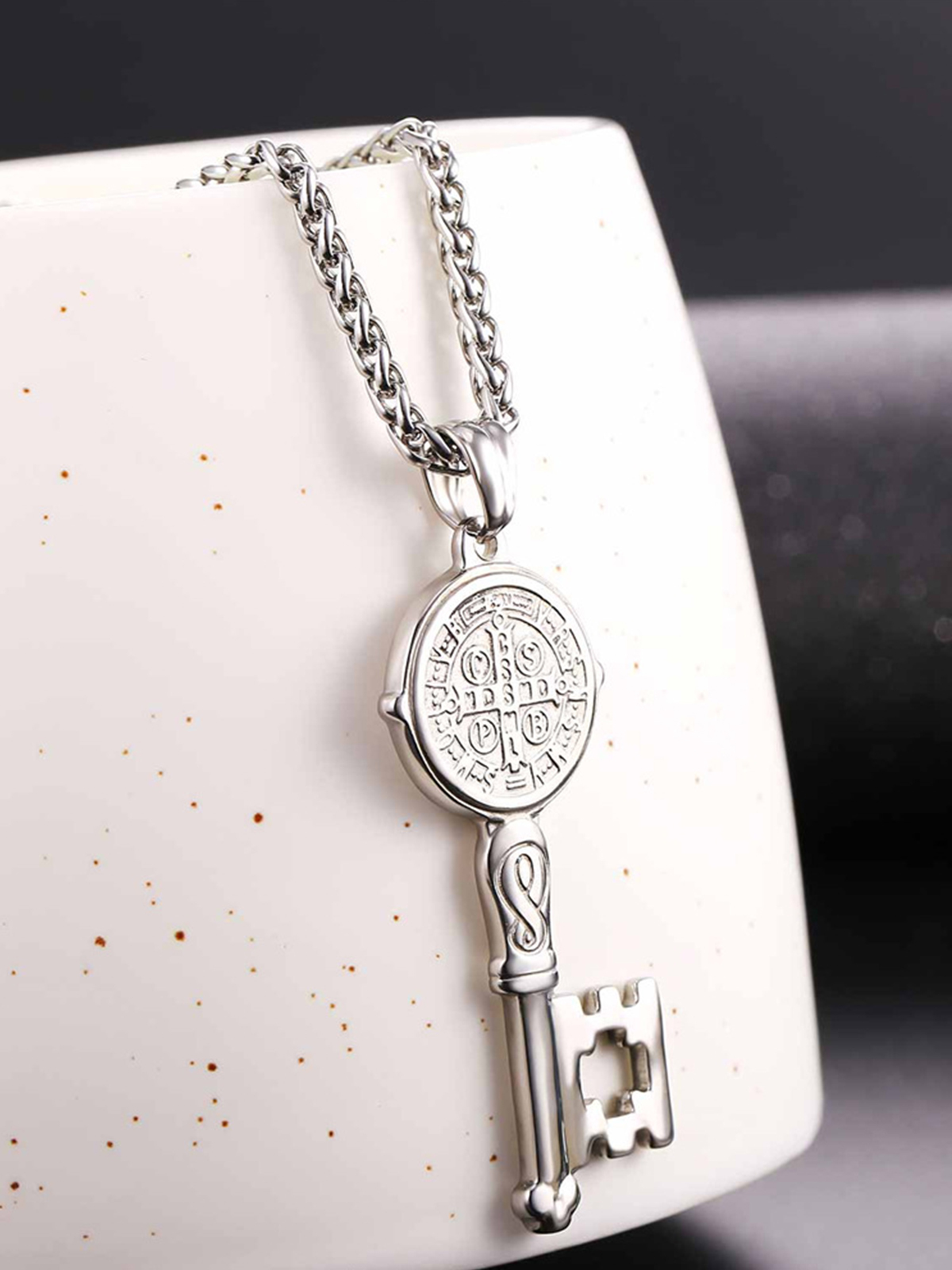 Saint Benedict Pendant Medal Key Necklace in Stainless