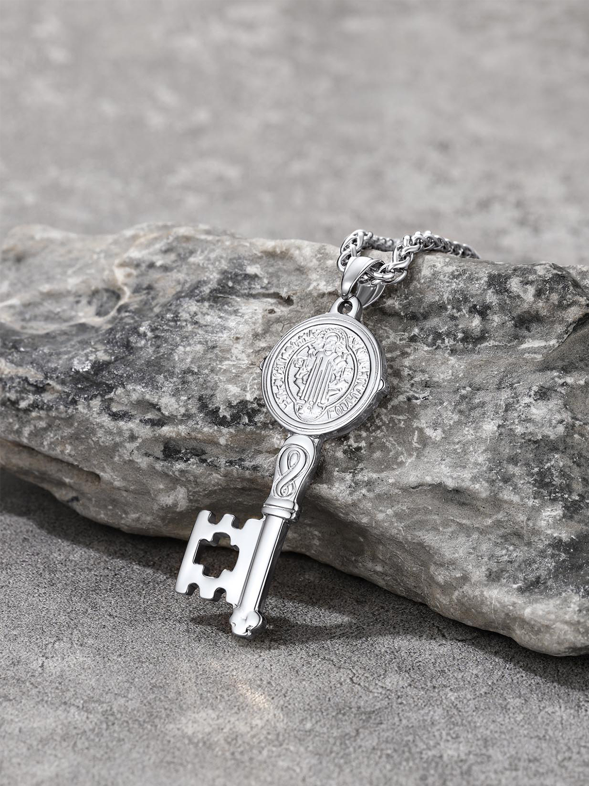Saint Benedict Pendant Medal Key Necklace in Stainless