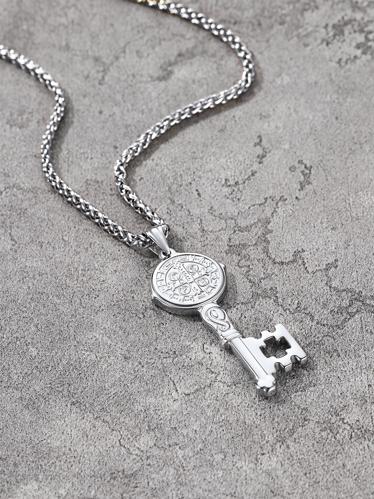 Saint Benedict Pendant Medal Key Necklace in Stainless