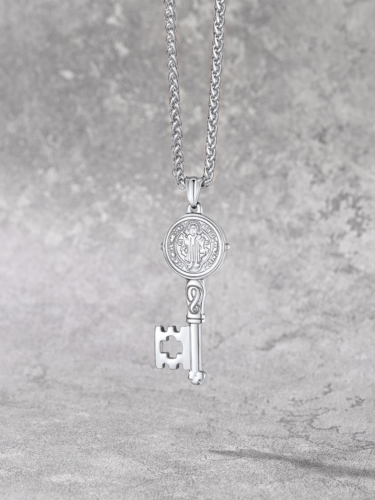 Saint Benedict Pendant Medal Key Necklace in Stainless