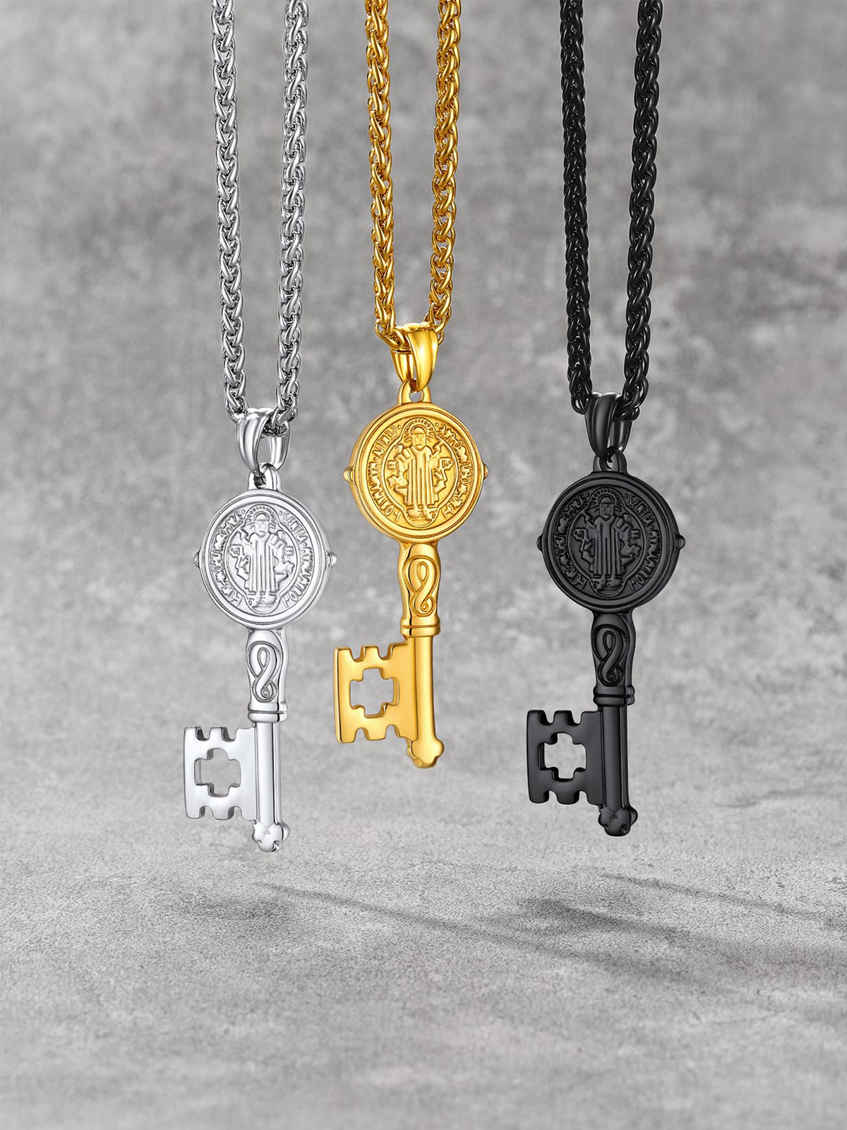 Saint Benedict Pendant Medal Key Necklace in 18K Gold