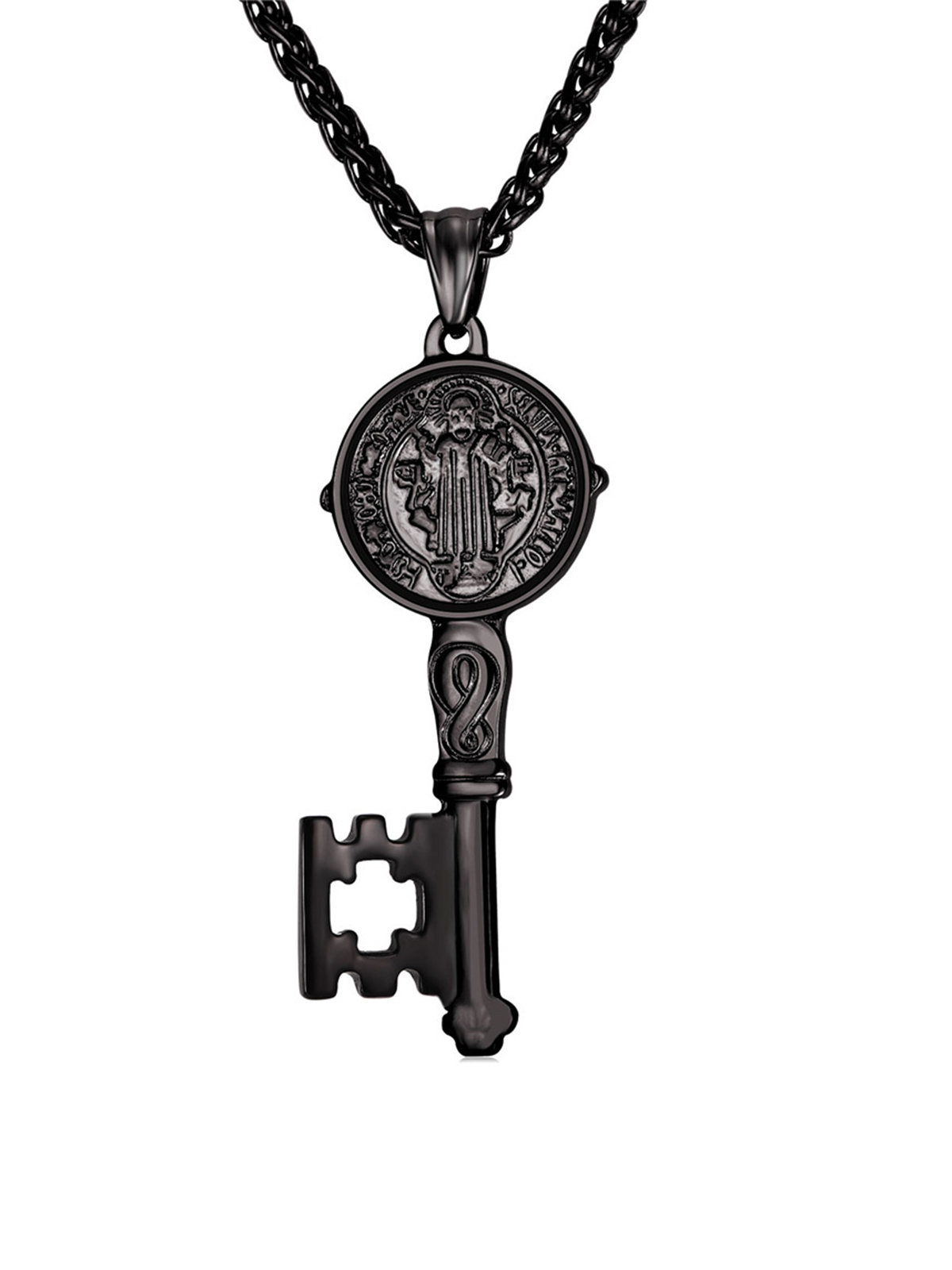 Saint Benedict Pendant Medal Key Necklace in Black