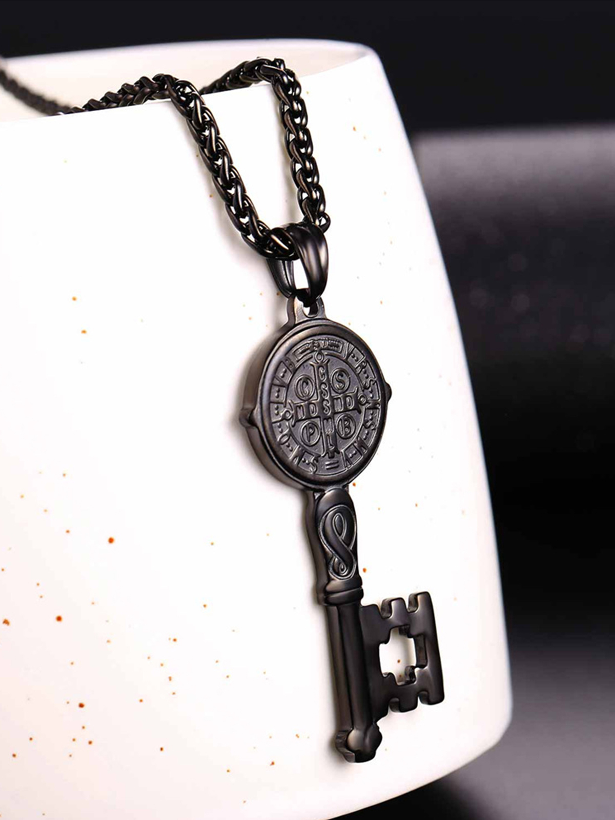 Saint Benedict Pendant Medal Key Necklace in Black
