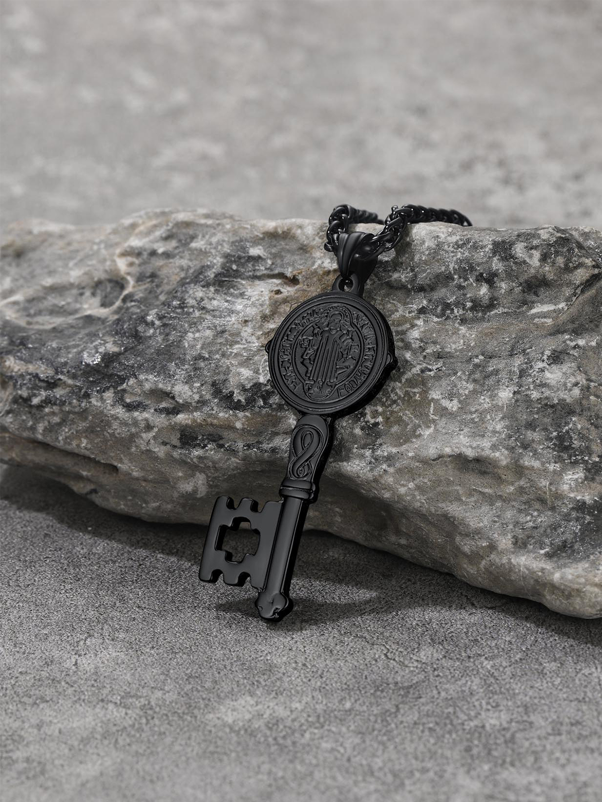 Saint Benedict Pendant Medal Key Necklace in Black