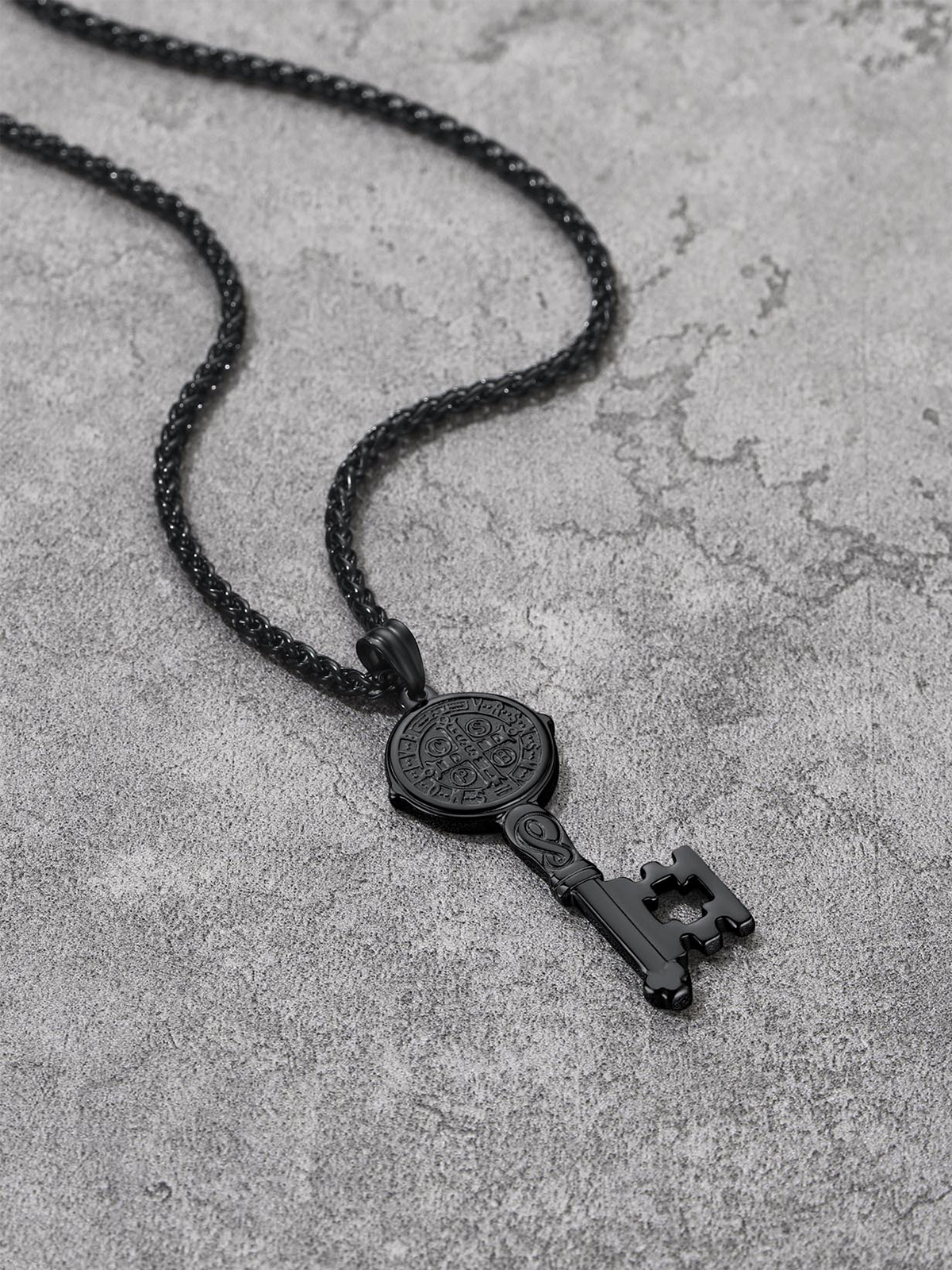 Saint Benedict Pendant Medal Key Necklace in Black