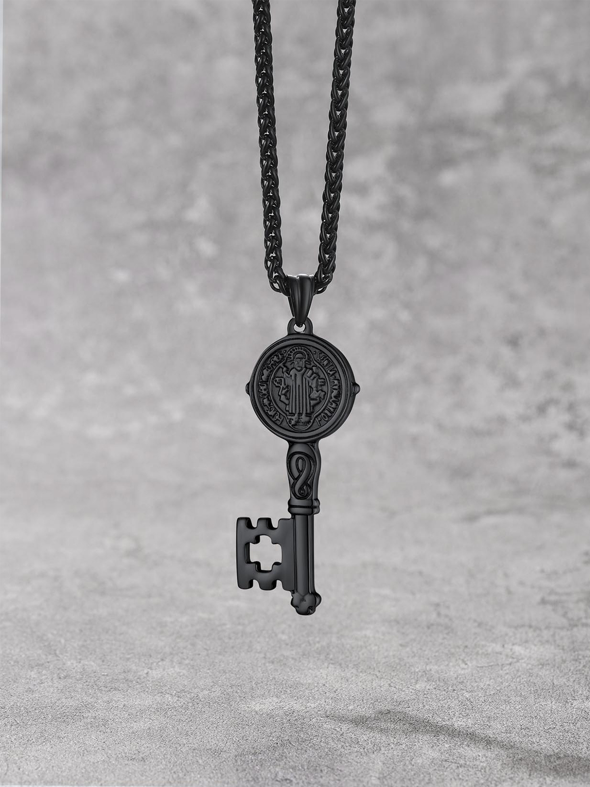 Saint Benedict Pendant Medal Key Necklace in Black
