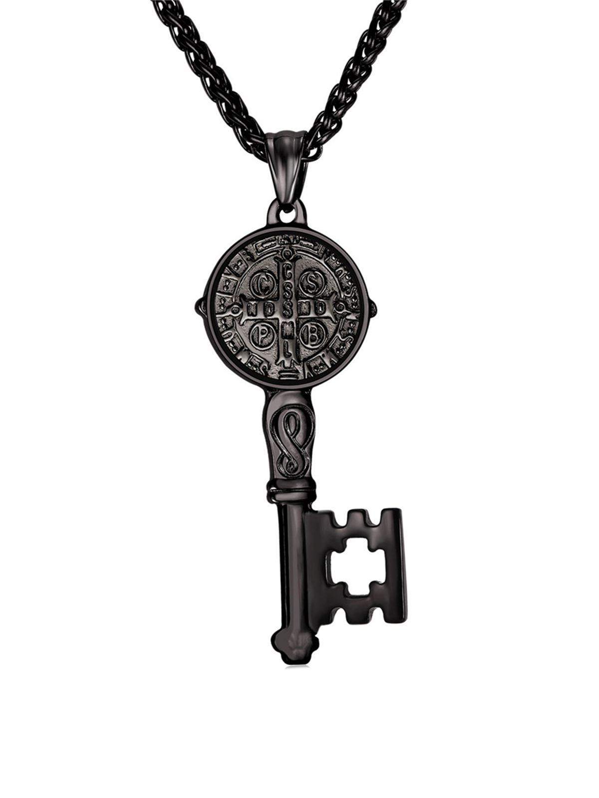 Saint Benedict Pendant Medal Key Necklace in Black