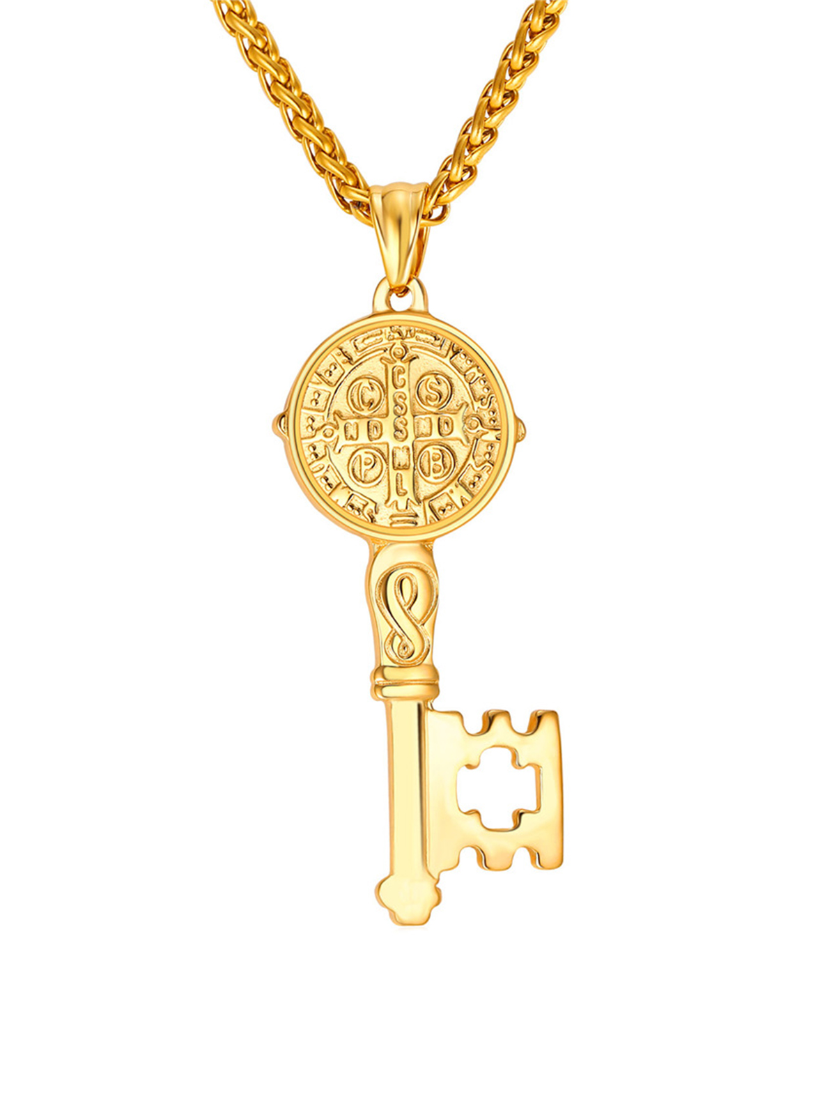 Saint Benedict Pendant Medal Key Necklace in 18K Gold