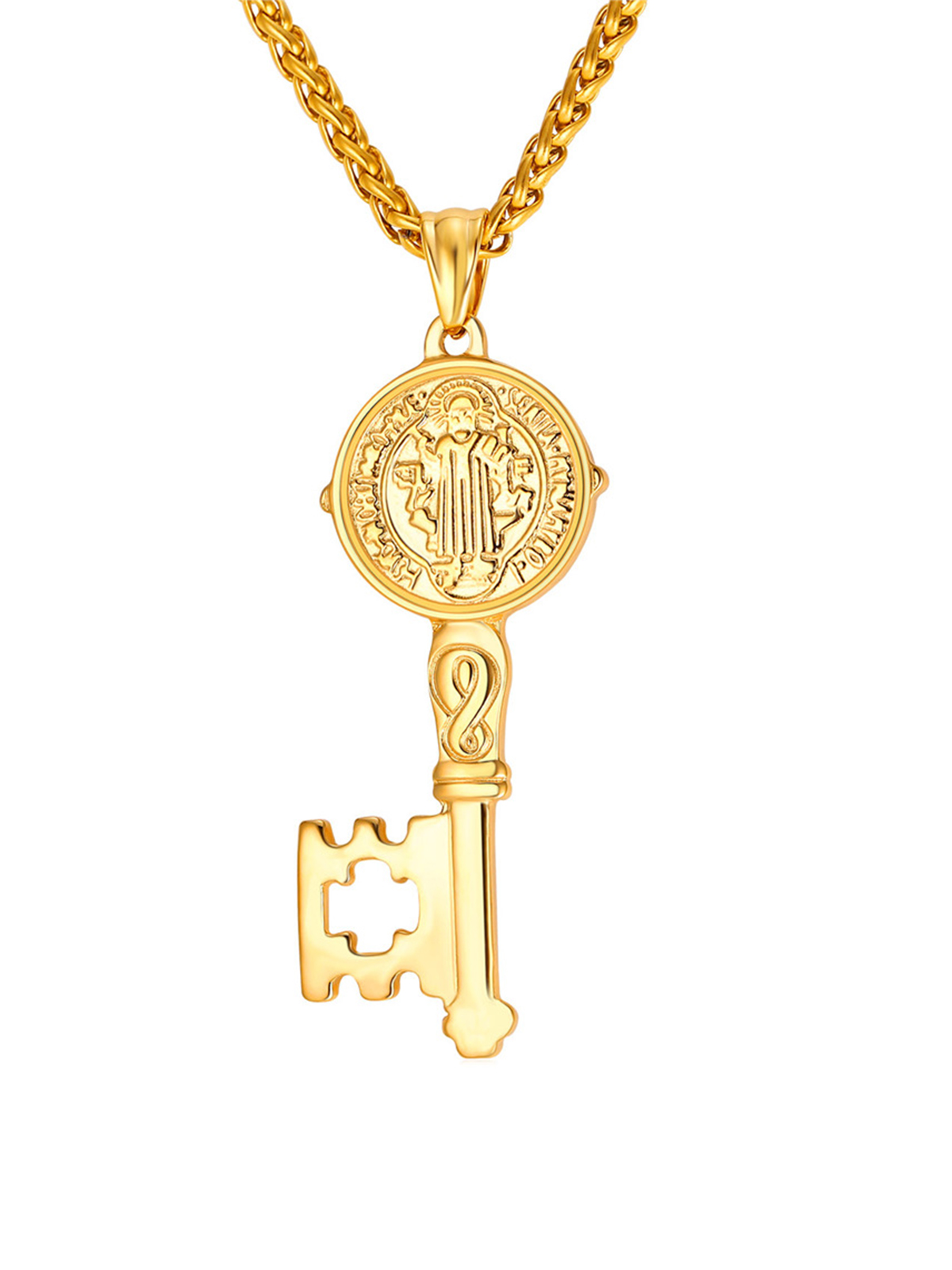 Saint Benedict Pendant Medal Key Necklace in 18K Gold