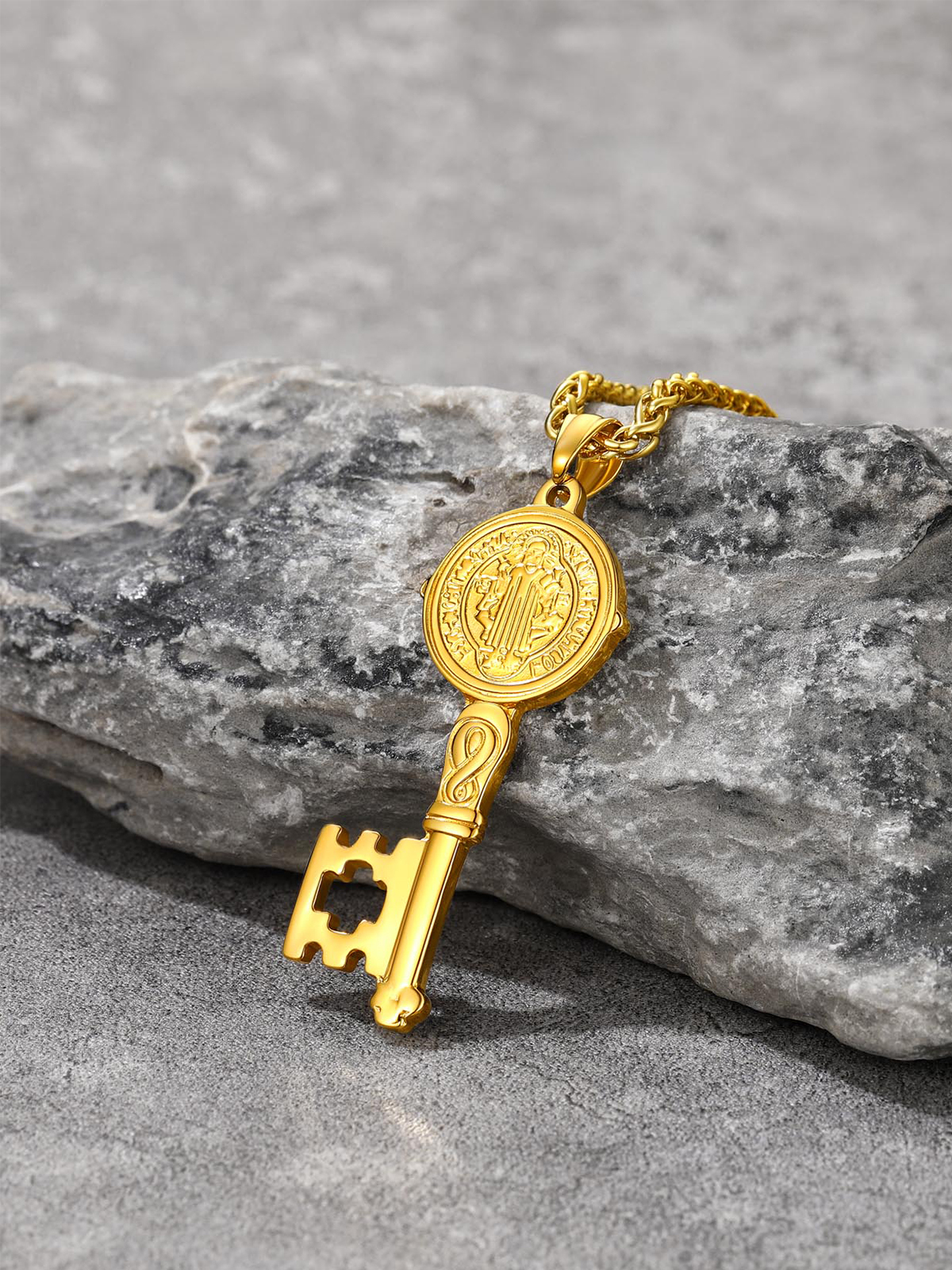 Saint Benedict Pendant Medal Key Necklace in 18K Gold