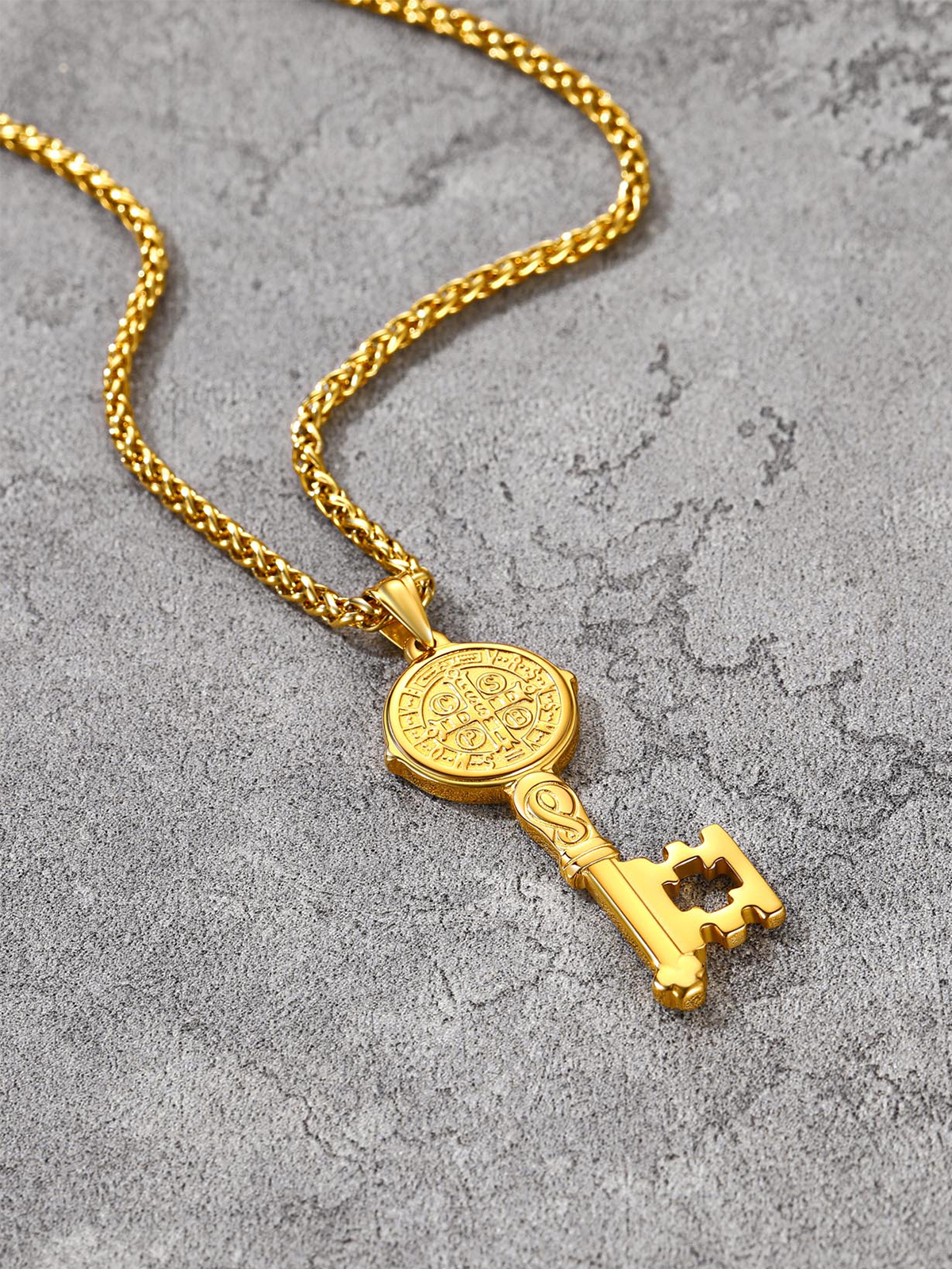 Saint Benedict Pendant Medal Key Necklace in 18K Gold