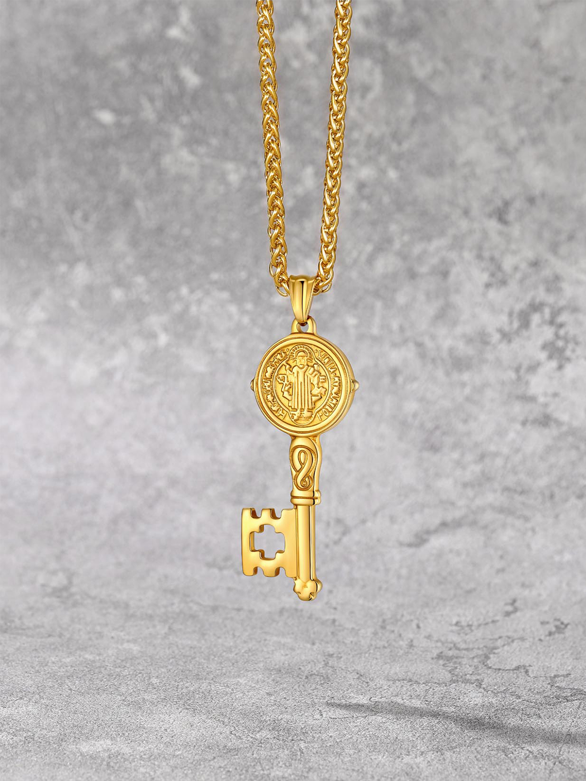 Saint Benedict Pendant Medal Key Necklace in 18K Gold