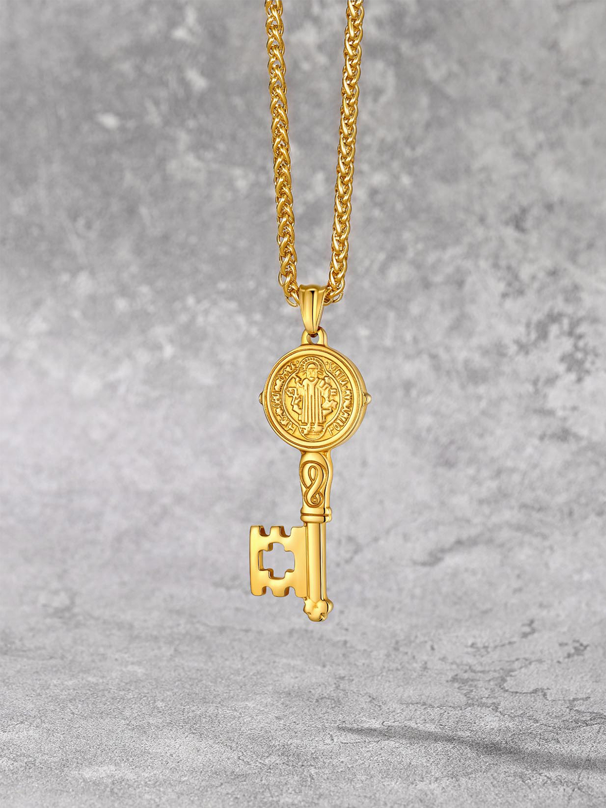 Saint Benedict Pendant Medal Key Necklace in 18K Gold